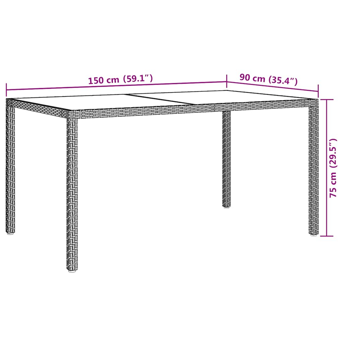 Ein rechteckiger Korbtisch mit Beschriftung der Maße. Der Tisch ist braun mit Glasplatte. Die Maße sind 150x90x75 cm.