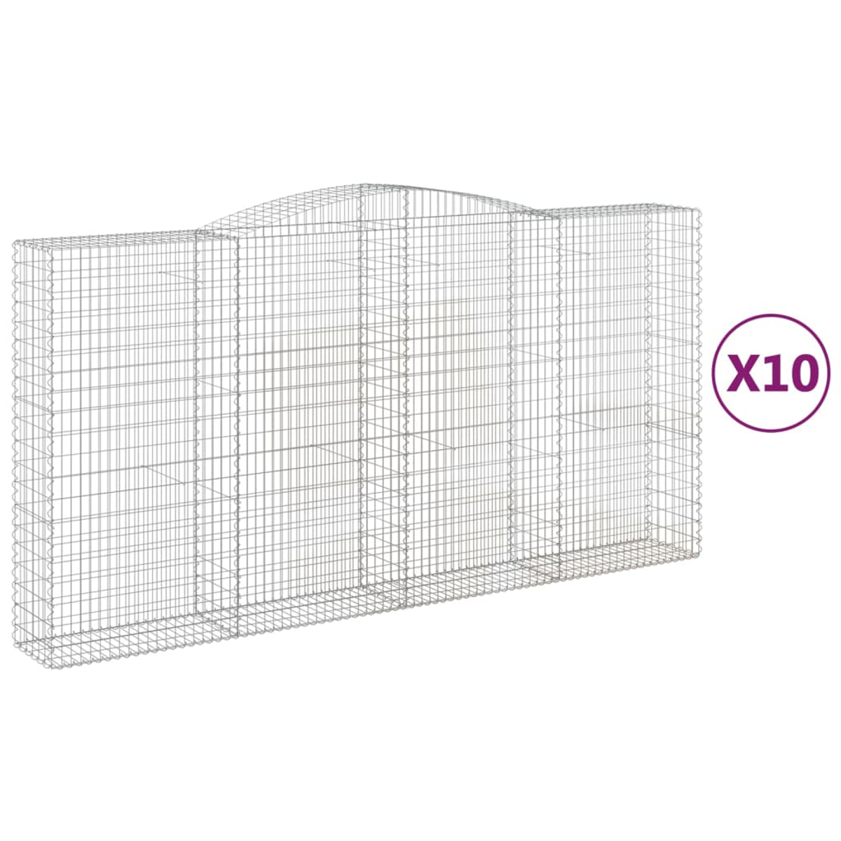 Ein Metall-Draht-Gabion, mit gewölbter Oberseite. Die rechte Seite hat einen Kreis mit 'X10'. Der Hintergrund ist weiß.