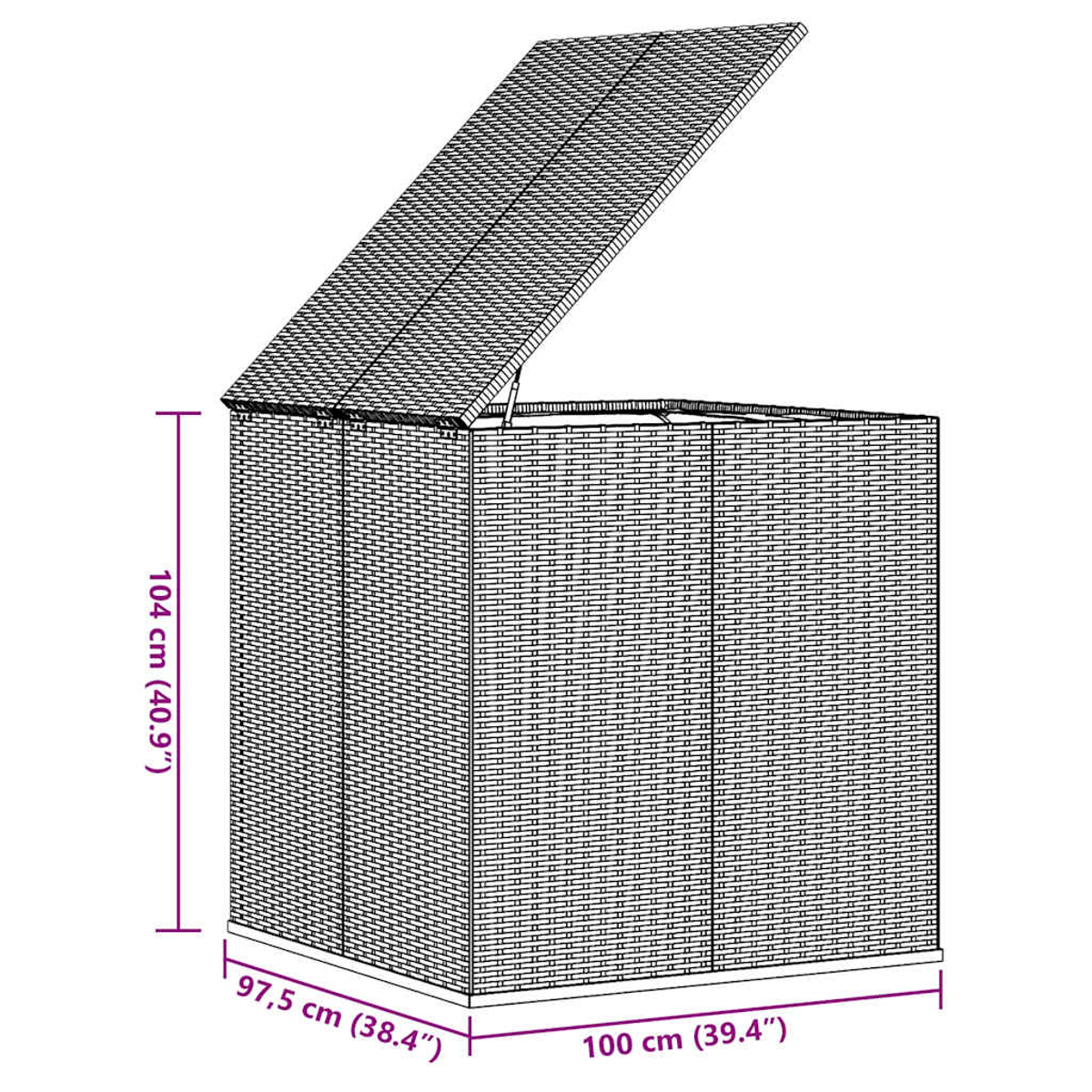 Eine geflochtene Aufbewahrungsbox mit offenem Deckel. Abmessungen sind beschriftet: 104 cm Höhe, 97,5 cm Breite und 100 cm Tiefe.
