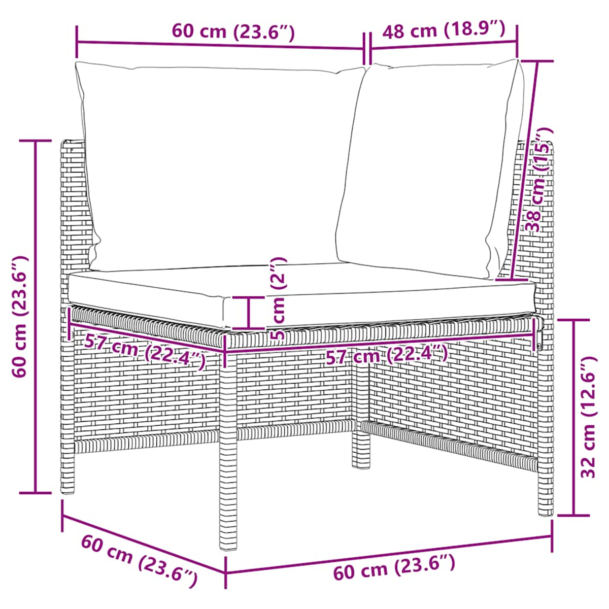 Ein Korbstuhl mit Kissen, die Maße sind angegeben. Der Stuhl ist quadratisch, mit Kissen auf Sitz und Rücken.