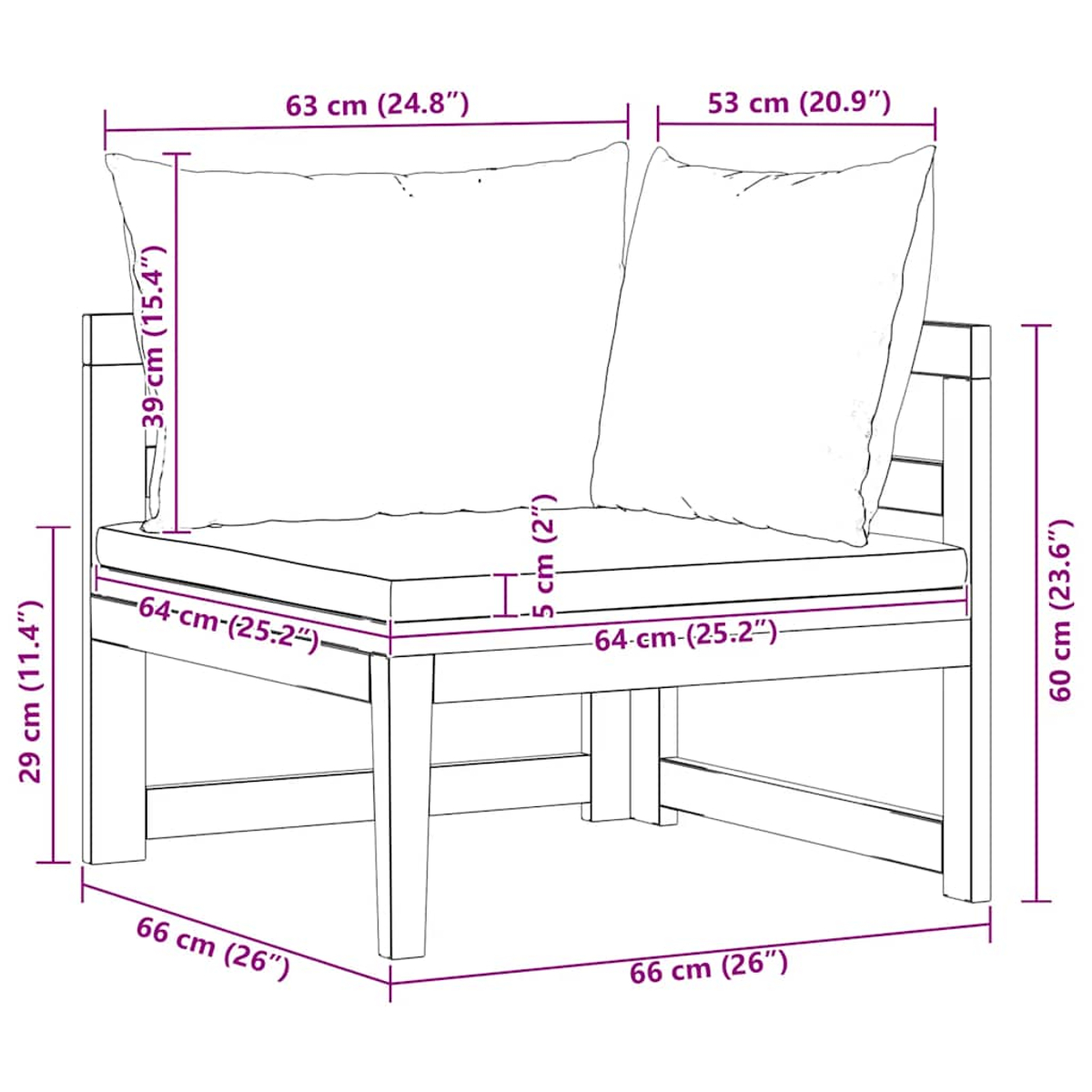 Diagramm eines Ecksofas. Abmessungen für Sitz, Rücken, Gesamthöhe und -breite sind angegeben.
