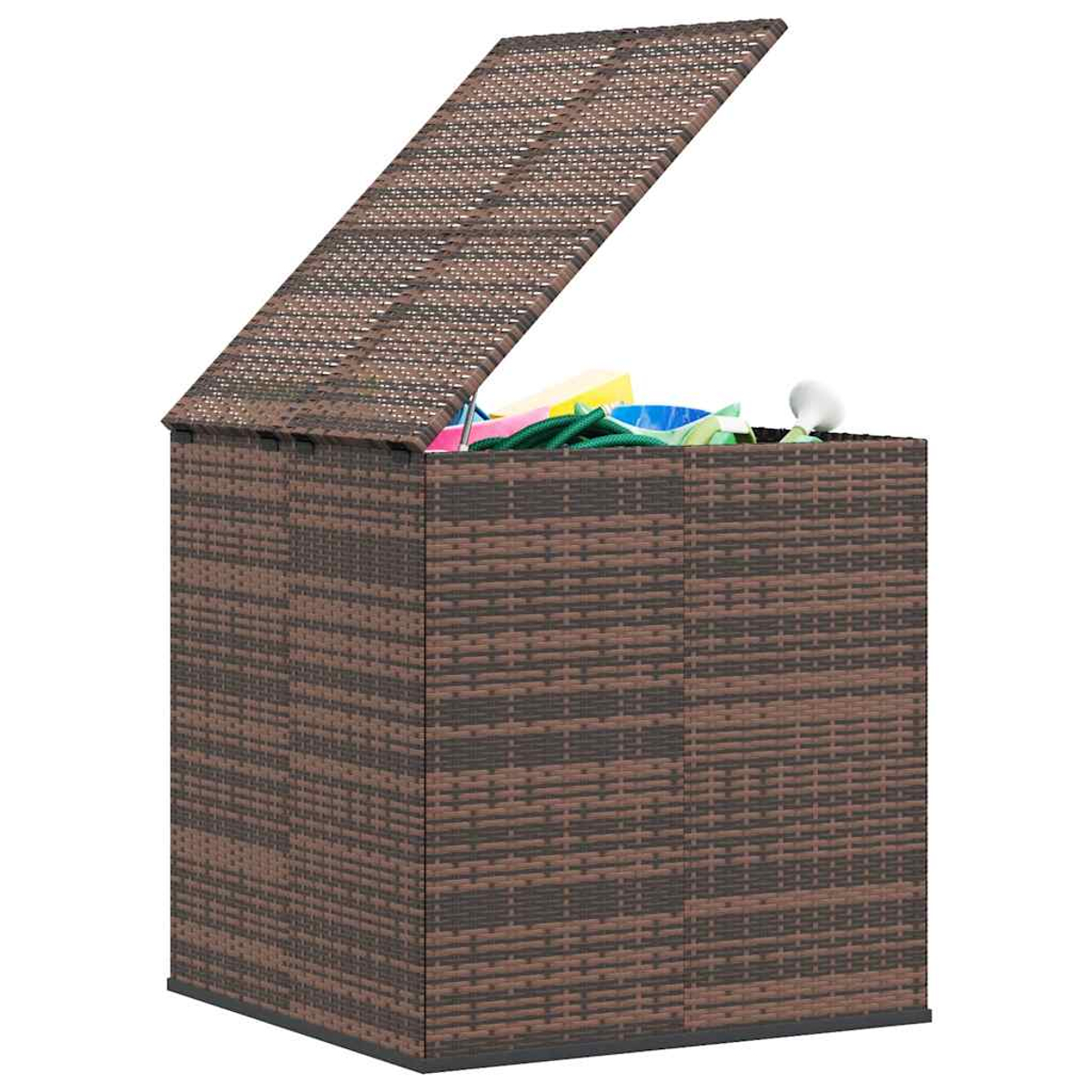 Eine braune Aufbewahrungsbox im Wicker-Stil mit offenem Deckel, der bunte Gegenstände im Inneren zeigt. Die Box steht vor weißem Hintergrund.