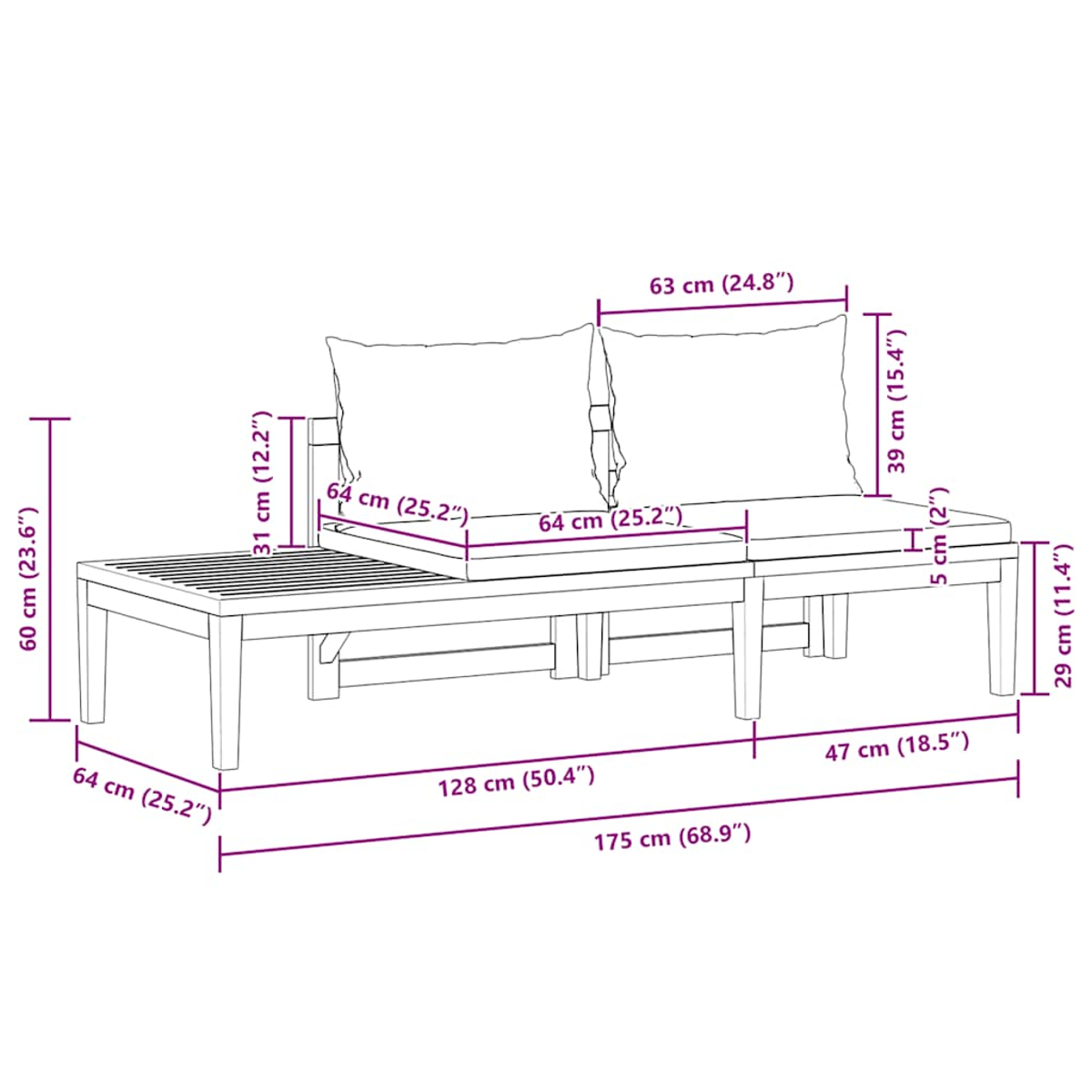 Ein hölzernes Outdoor-Sofa mit Kissen und Maßen. Abmessungen umfassen Länge, Höhe und Breite in cm und Zoll.