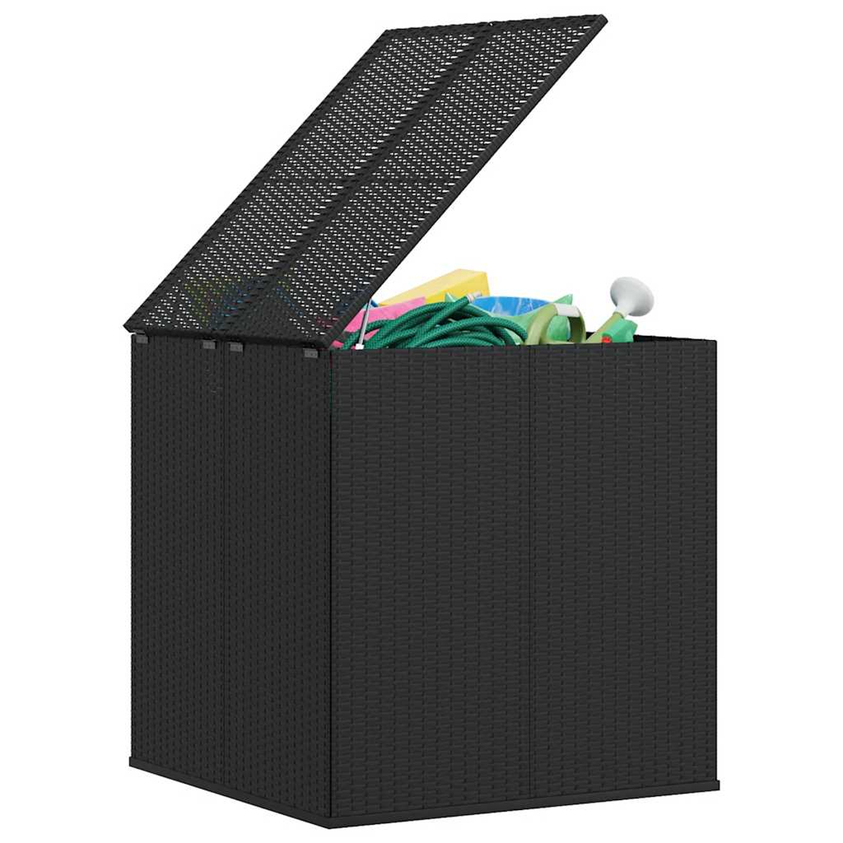 Schwarze Aufbewahrungsbox mit offenem Deckel, gefüllt mit Gegenständen wie einem grünen Schlauch und Spielzeug, vor weißem Hintergrund.