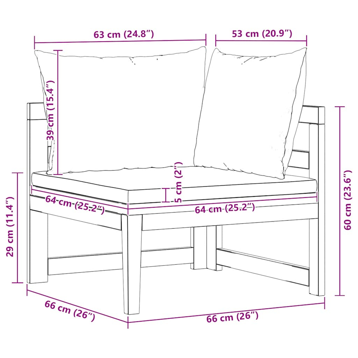 Ein hölzernes Ecksofa mit zwei großen Kissen. Abmessungen sind mit Pfeilen und Zahlen in cm und Zoll angegeben.
