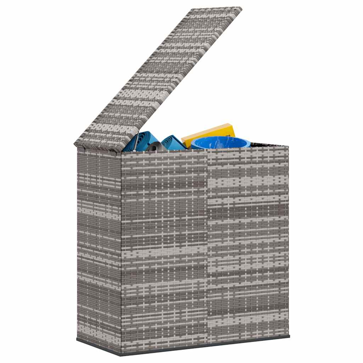 Offene graue Aufbewahrungsbox mit leicht geöffnetem Deckel, der blaue Matten, einen gelben Block und eine blaue Schüssel zeigt.