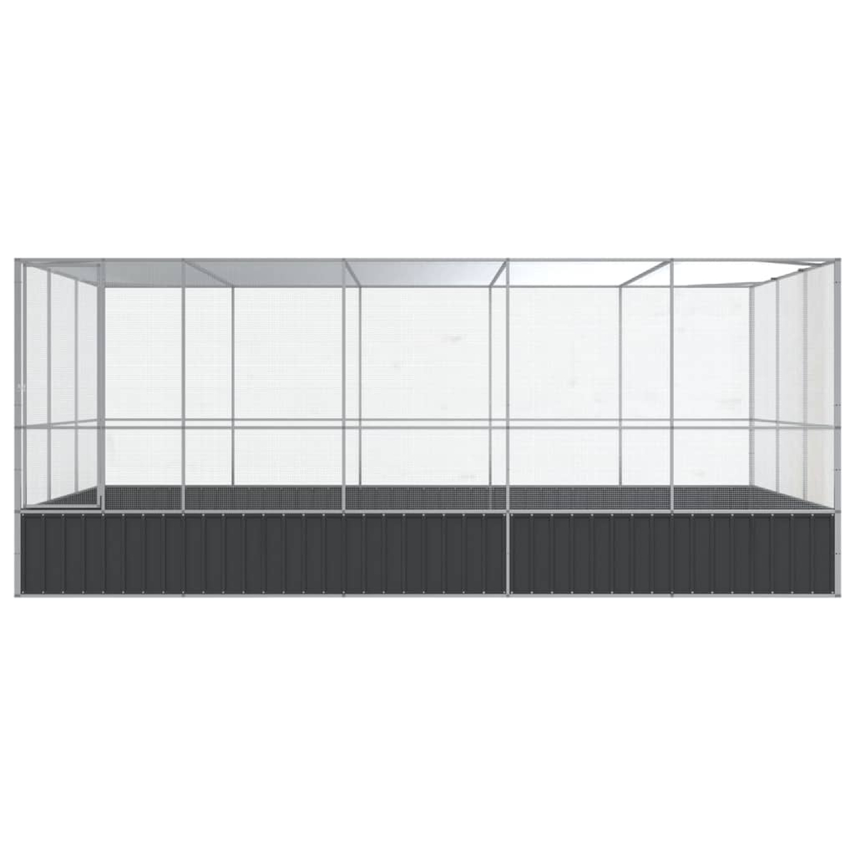 Eine große, rechteckige Metallkonstruktion mit dunkelgrauem Sockel und transparenten Wänden. Die Oberseite ist offen. Die Struktur ähnelt einem Gewächshaus.