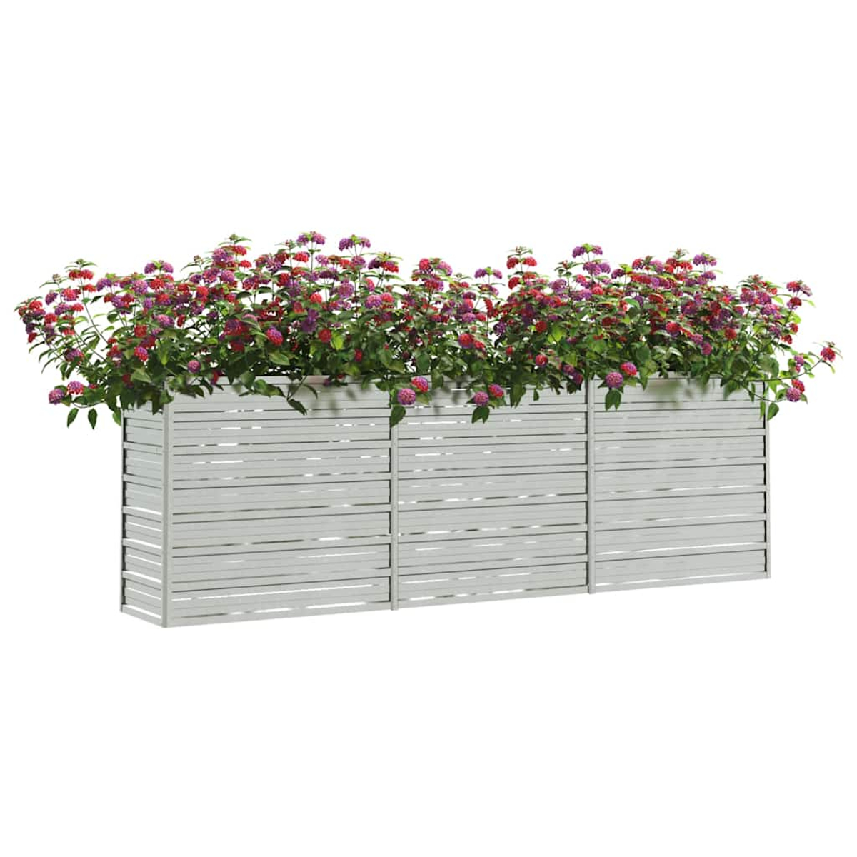 Ein weißer rechteckiger Pflanzkübel mit bunten Blumen. Der Pflanzkübel besteht aus horizontalen Lamellen. Die Blumen sind rot, lila und grün.