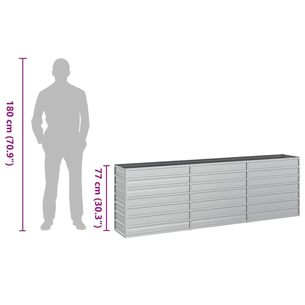 Eine Person im Schatten steht neben einem hellgrauen, rechteckigen Pflanzgefäß. Abmessungen zeigen Höhe und Länge, 180 cm und 77 cm.