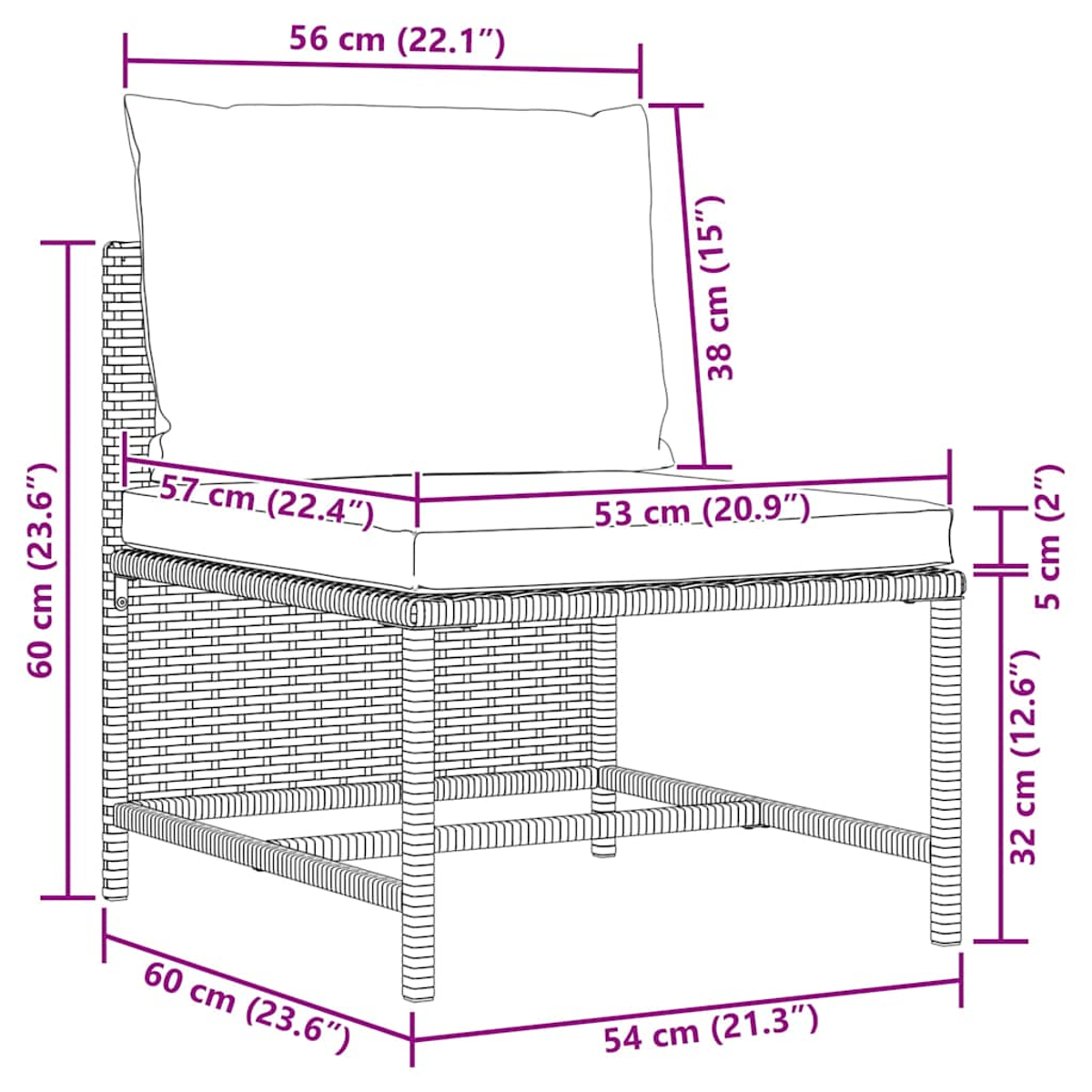 Diagramm eines Rattanstuhls mit Maßen. Er hat ein Sitz- und Rückenkissen. Maße sind in cm und Zoll angegeben.