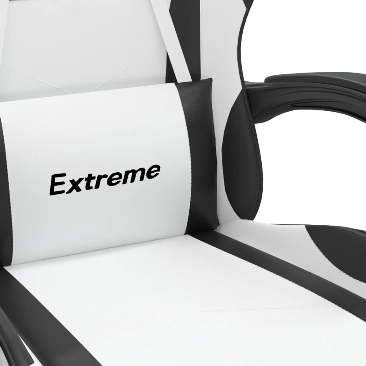 Nahaufnahme eines weißen Gaming-Stuhls mit schwarzen Akzenten. Auf der Kopfstütze steht das Wort "Extreme".