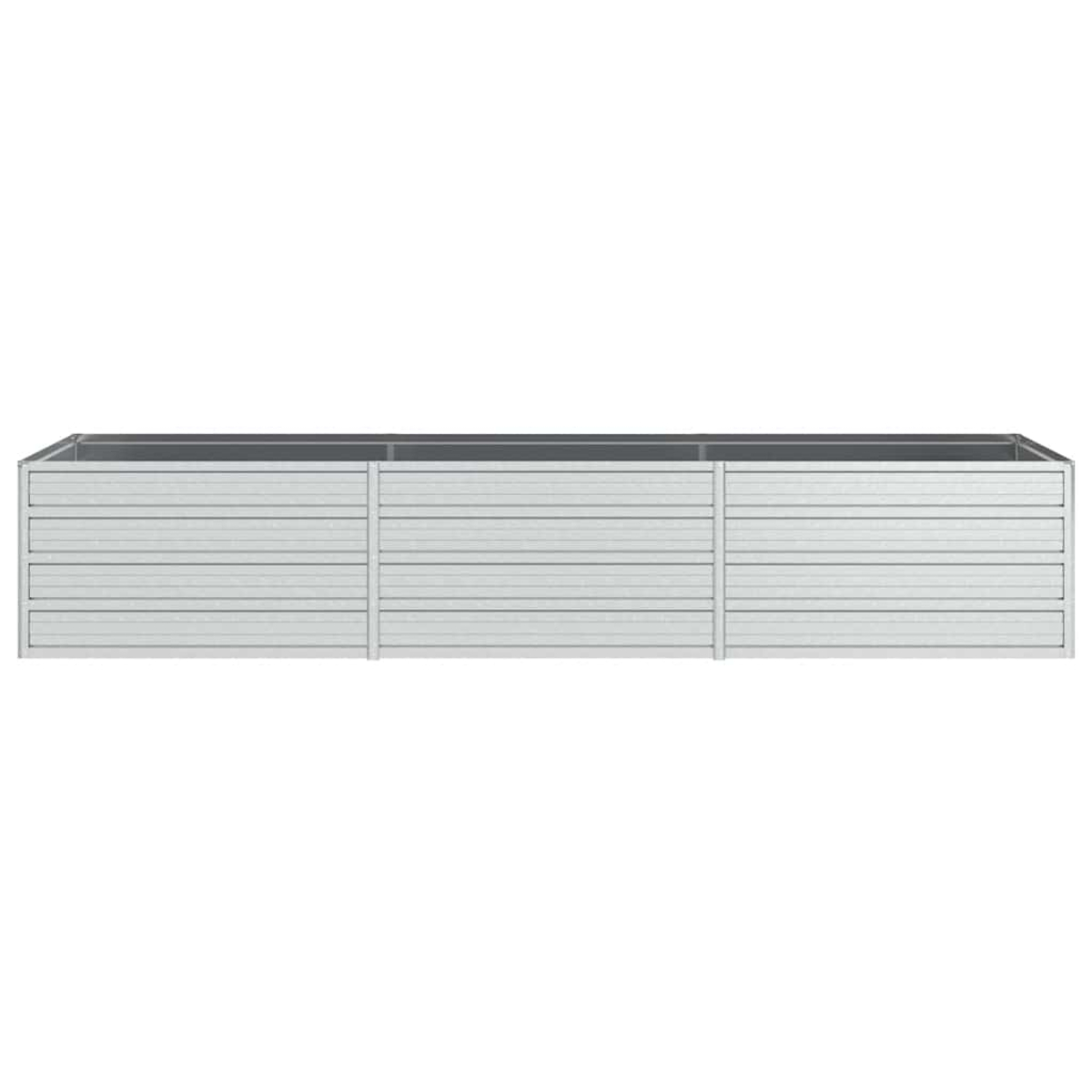 Ein rechteckiger, weißer Metallpflanzkasten mit horizontalen Linien. Er hat eine dunkelgraue Innenseite und steht vor einem weißen Hintergrund.
