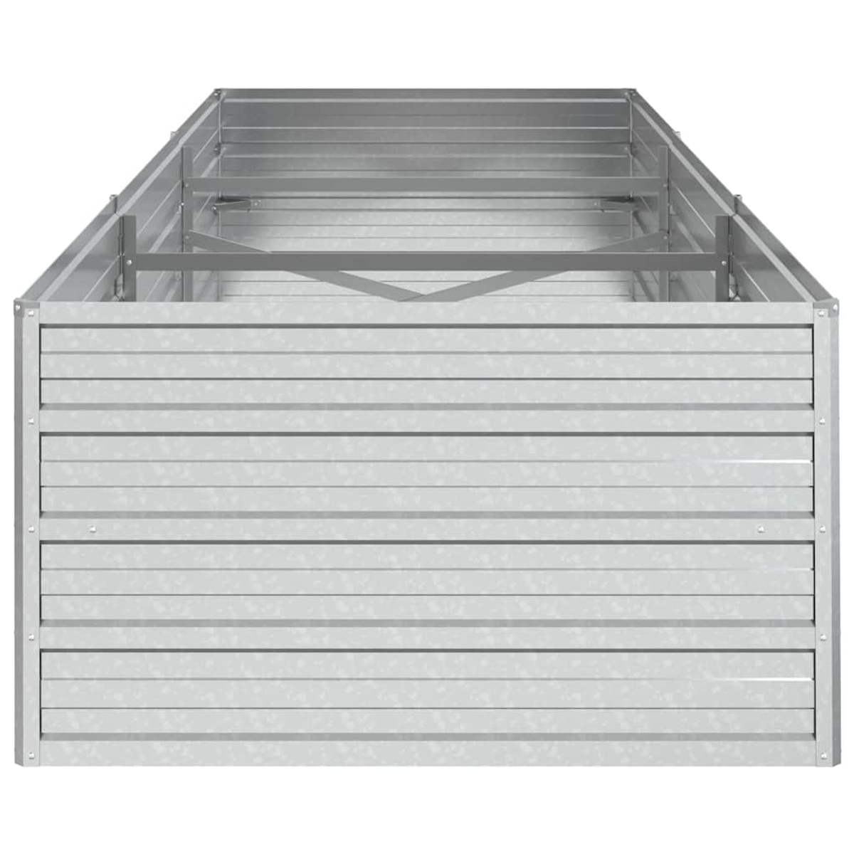 Ein rechteckiges, verzinktes Hochbeet aus Stahl. Es hat horizontale gerippte Seiten und einen Metallrahmen, bereit für Pflanzen.