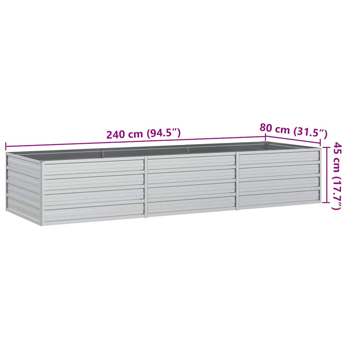 Ein langer, rechteckiger, silberner Metallpflanzkasten mit den angegebenen Abmessungen: 240 cm (94,5 Zoll) lang, 80 cm (31,5 Zoll) breit und 45 cm (17,7 Zoll) hoch.