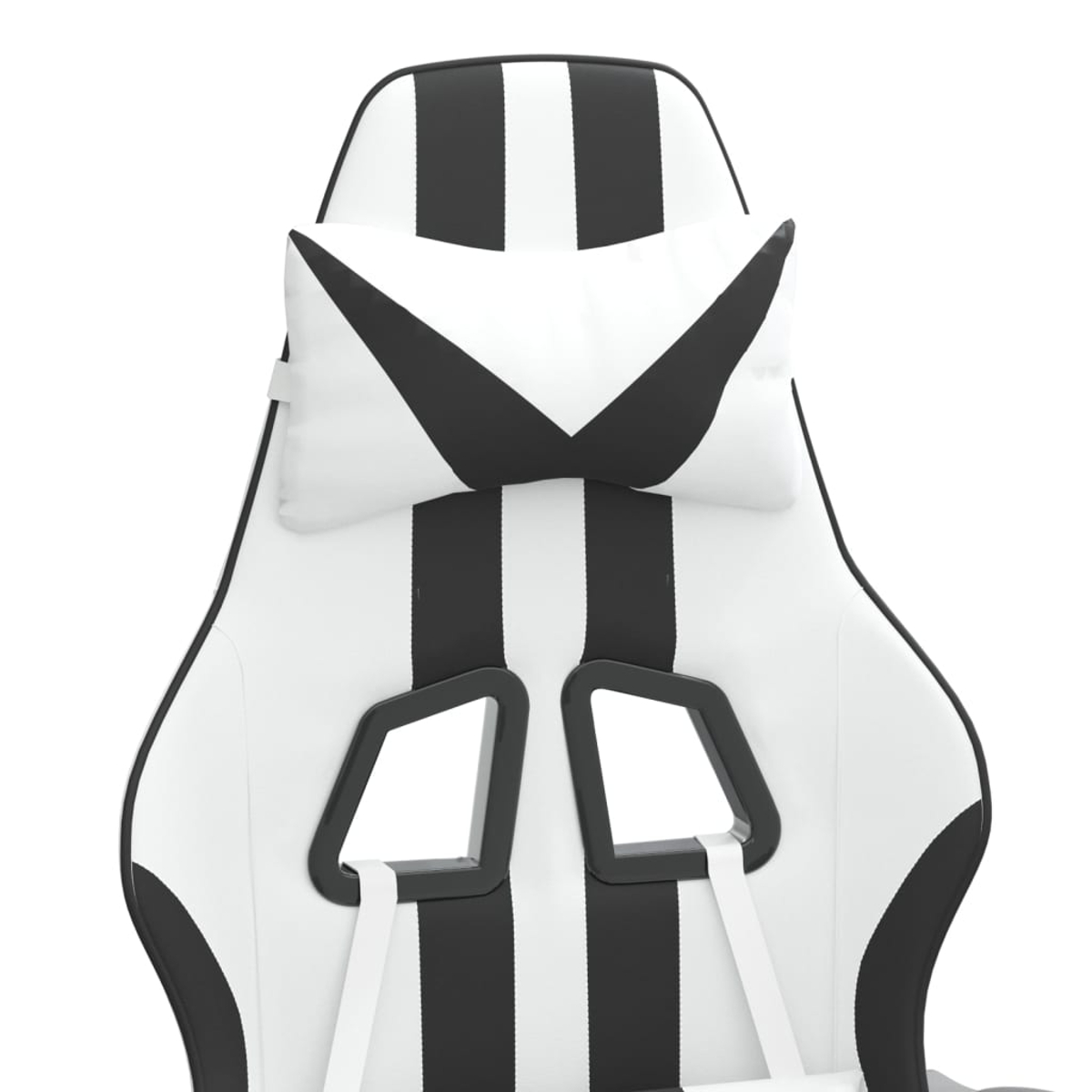 Ein weiß-schwarzer Gaming-Stuhl wird gezeigt. Er hat eine Kopfstütze mit schwarzen Streifen und ein Kissen mit einem schwarzen V-förmigen Design.