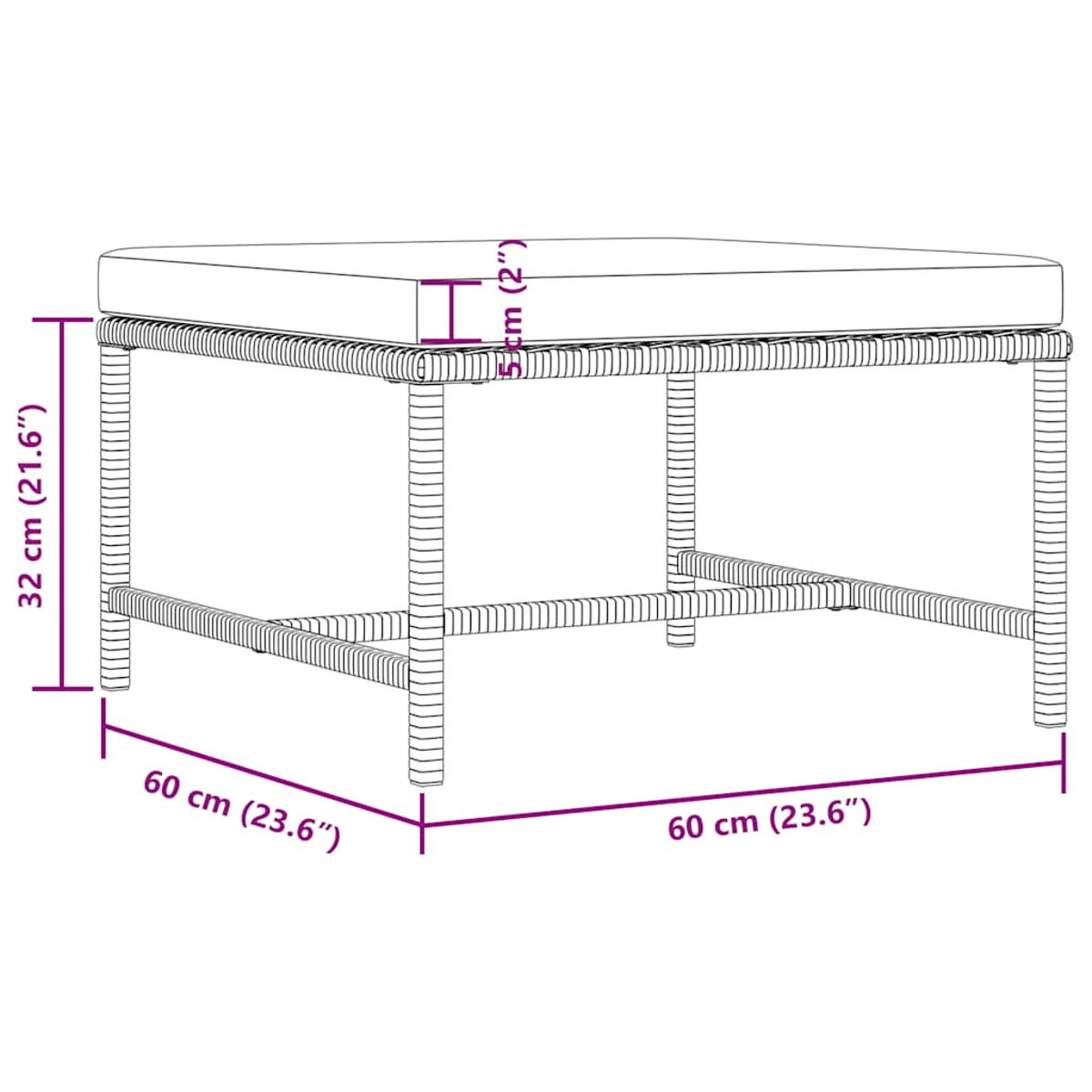 Ein quadratischer Hocker mit weißem Kissen und gewebter Basis. Abmessungen: 60 cm, 32 cm und 5 cm.