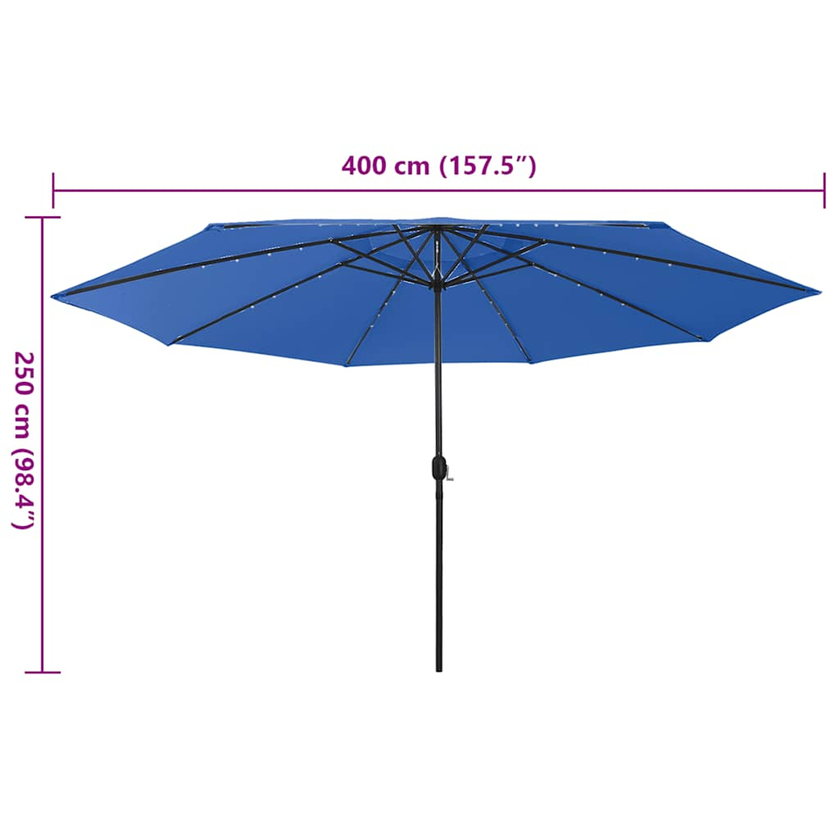 Ein blaues Sonnenschirm, geöffnet, mit den Maßen: 400 cm breit und 250 cm hoch. Der Hintergrund ist weiß.