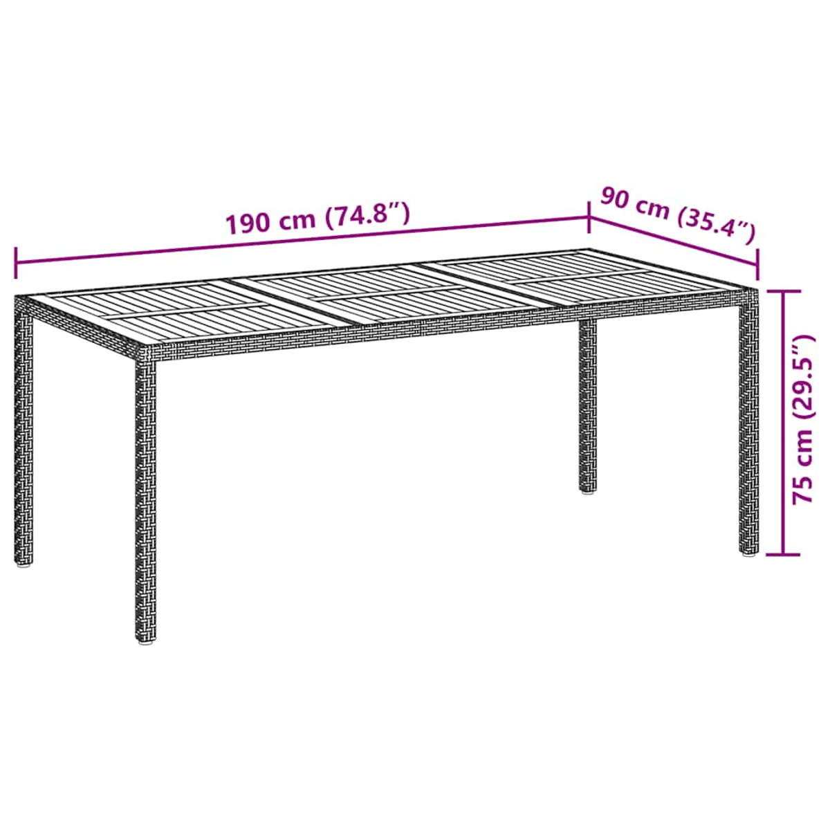 Ein rechteckiger Gartentisch mit Maßangaben. Der Tisch hat ein Webmuster und Metallbeine. Messungen werden angegeben.