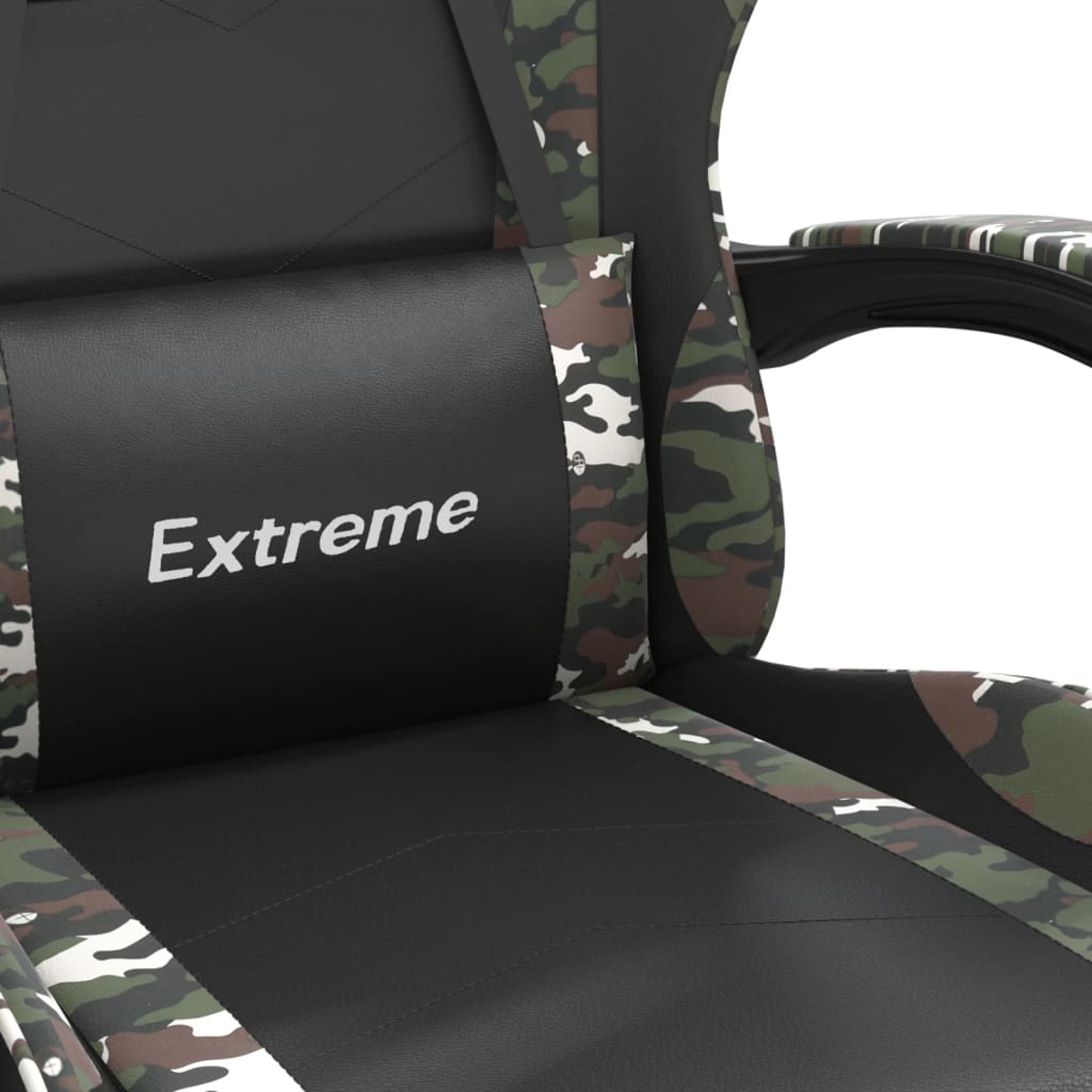 Nahaufnahme eines Gaming-Stuhls. Er hat einen schwarzen Sitz und Rücken mit Camouflage-Akzenten. Das Wort „Extreme“ ist auf der Kopfstütze aufgedruckt.