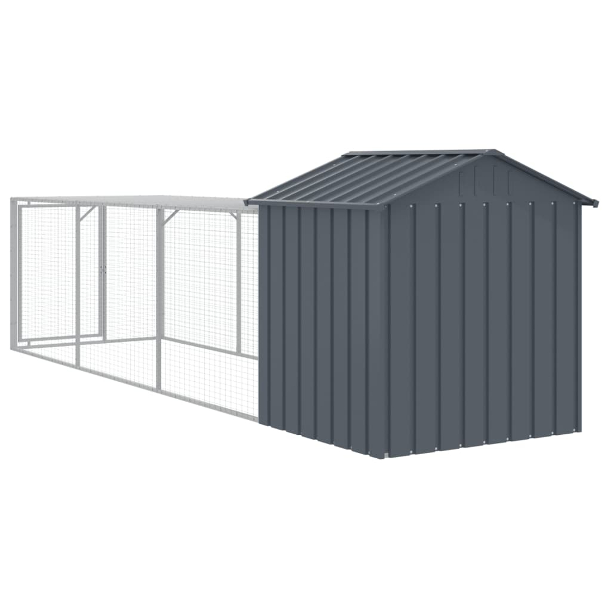 Ein grauer Hühnerstall aus Metall mit Drahtgehege und Schrägdach. Der Stall befindet sich auf weißem Hintergrund.
