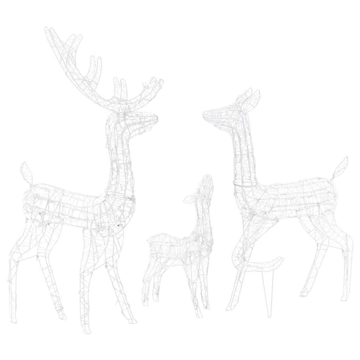 Drei weiße Drahtrahmen-Hirschdekorationen stehen vor einem weißen Hintergrund. Ein großer Bock und zwei kleinere Hirsche.