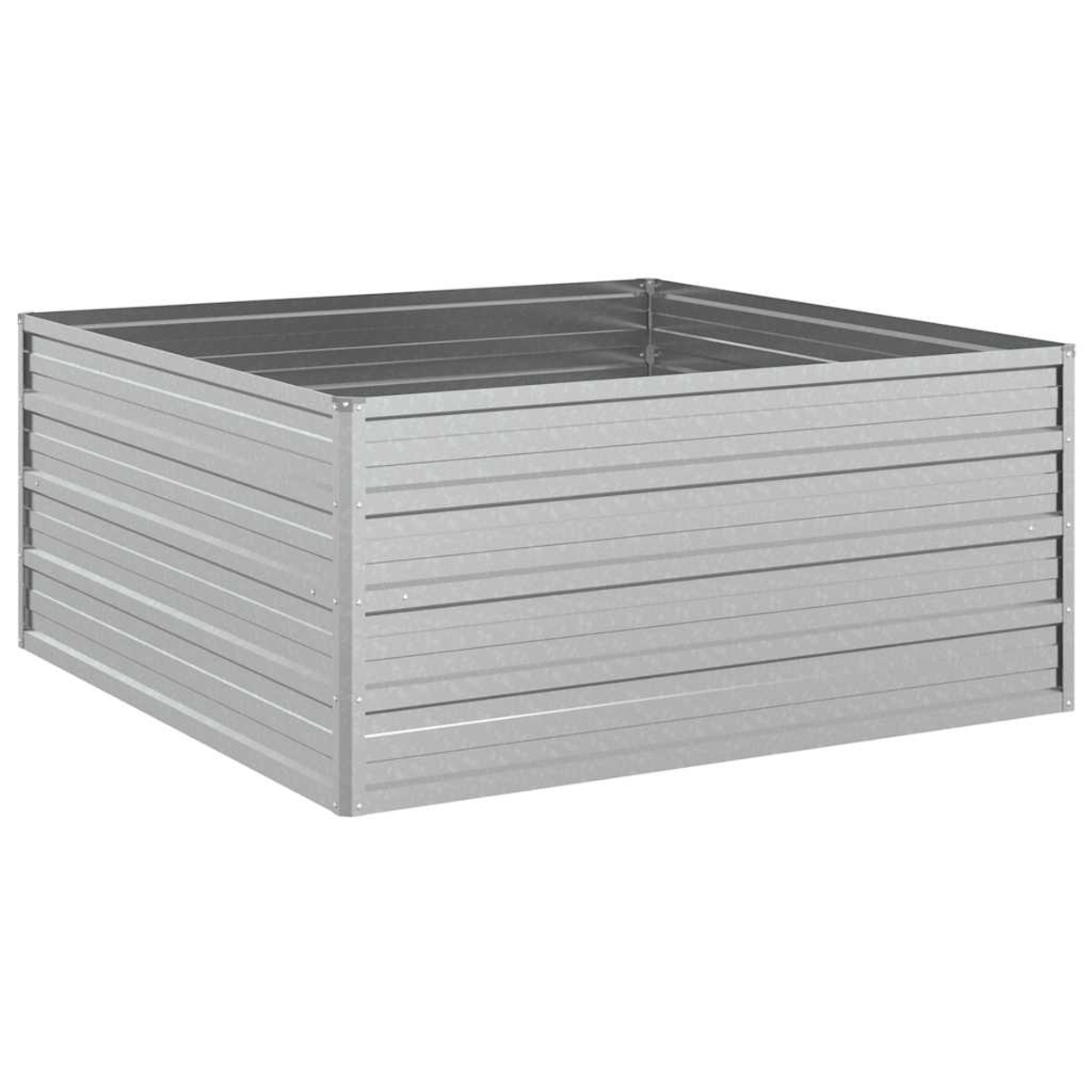Ein quadratisches, verzinktes Hochbeet aus Metall. Es hat horizontale Rippen und ist leer, bereit zum Bepflanzen.