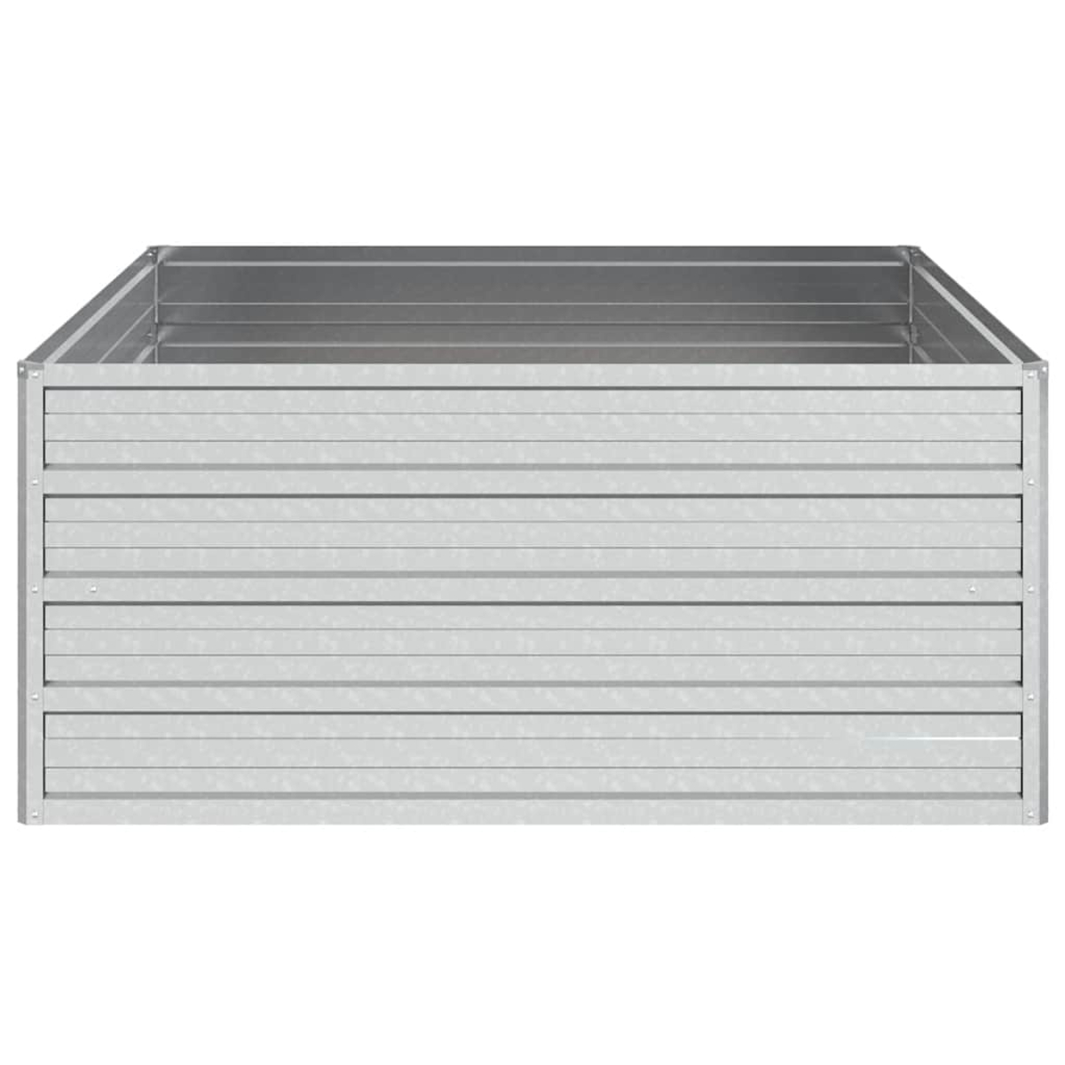 Ein rechteckiges, verzinktes Hochbeet aus Metall. Es hat ein geriffeltes Design an den Seiten und eine flache Oberkante. Der Hintergrund ist weiß.