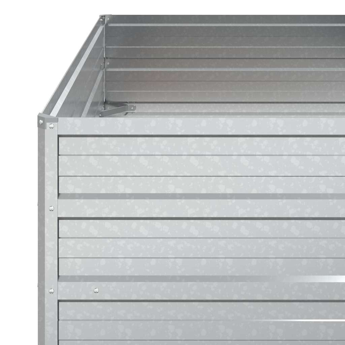 Nahaufnahme einer Ecke eines verzinkten Metallbehälters. Horizontale Rippenseiten. Nieten und Scharniere sichtbar. Metallisch graue Farbe.