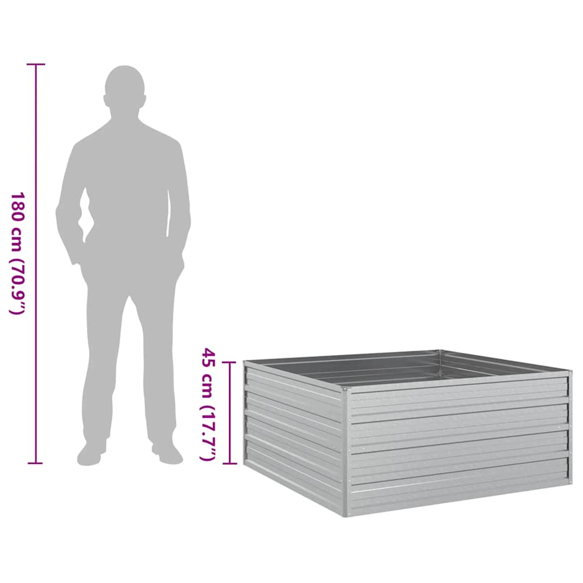 Eine Silhouette steht neben einer Metallpflanzbox. Abmessungen sind beschriftet: 180 cm (70,9") und 45 cm (17,7").