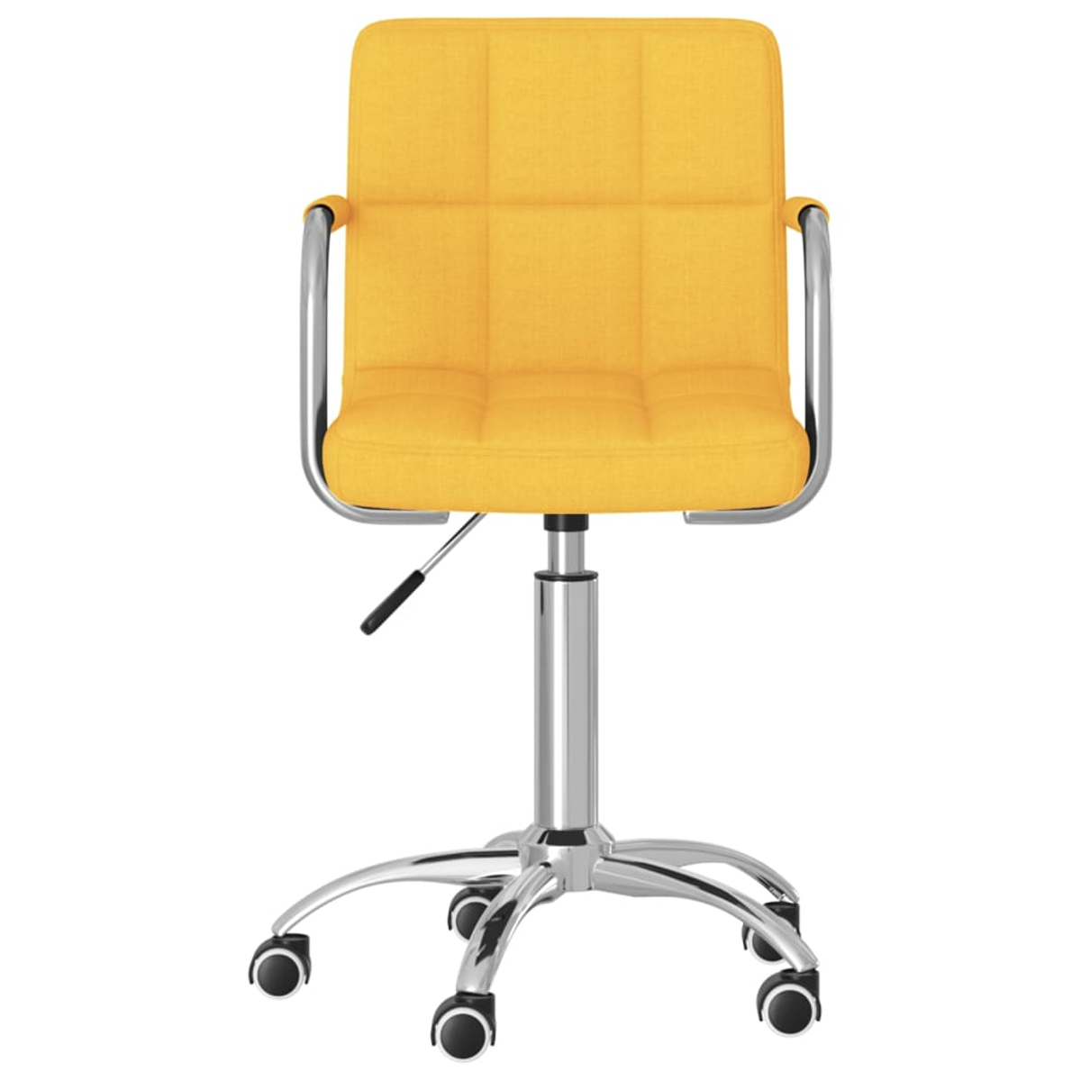 Una silla de oficina amarilla con base y reposabrazos cromados, con cinco ruedas.