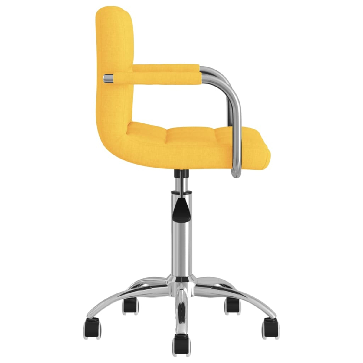 Una silla de oficina amarilla con reposabrazos cromados y una base de cinco ruedas, vista lateralmente.