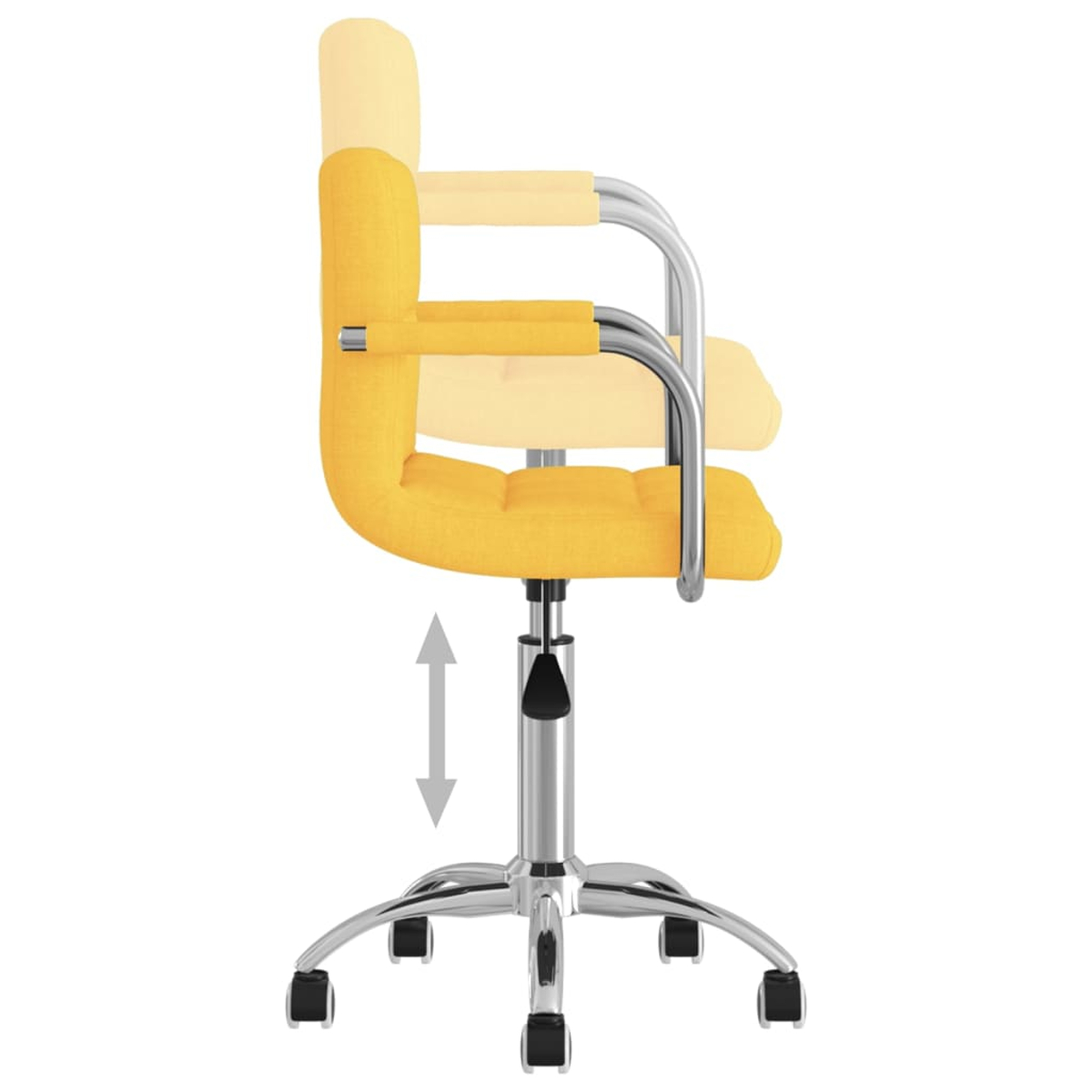 Se muestra una silla de oficina amarilla con base cromada y altura ajustable.