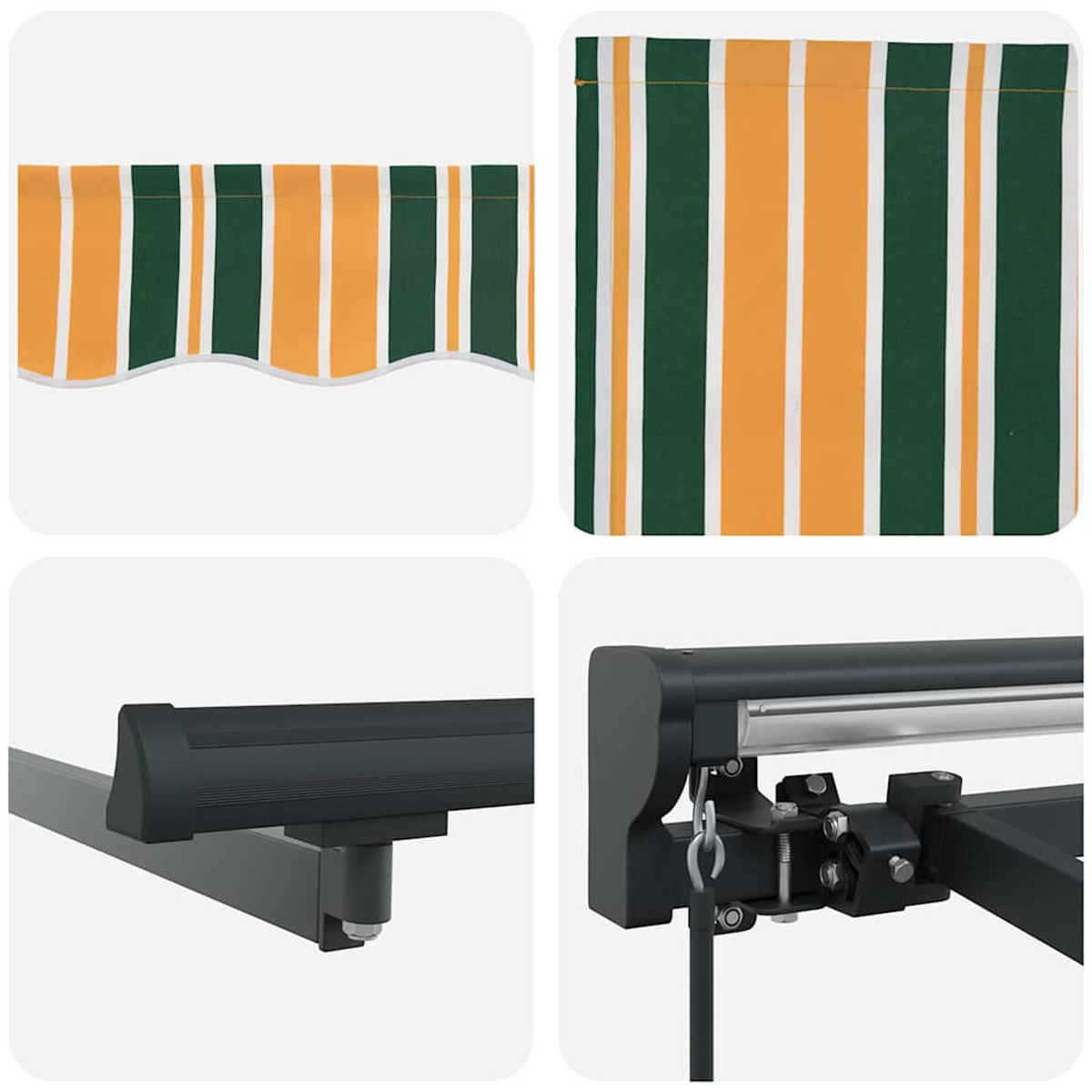 Das Bild zeigt eine einziehbare Markise mit grün-orangen Streifen und schwarzen Metallstützen.