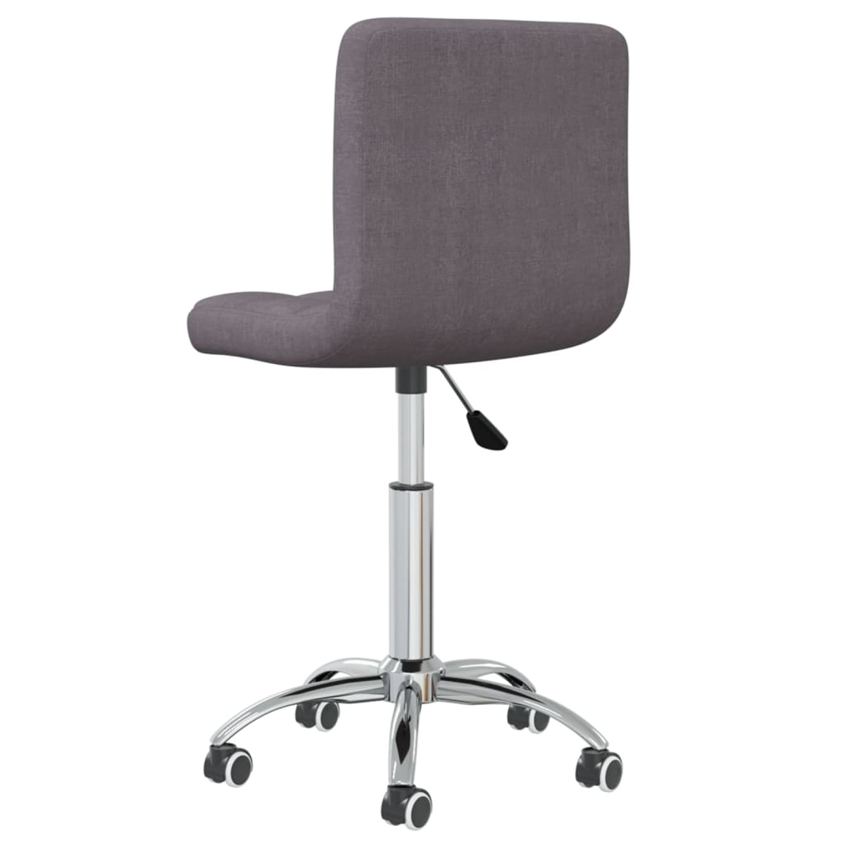 Ein grauer Bürostuhl mit Chromfuß von hinten. Der Stuhl hat eine Rückenlehne, einen Sitz und fünf Räder.