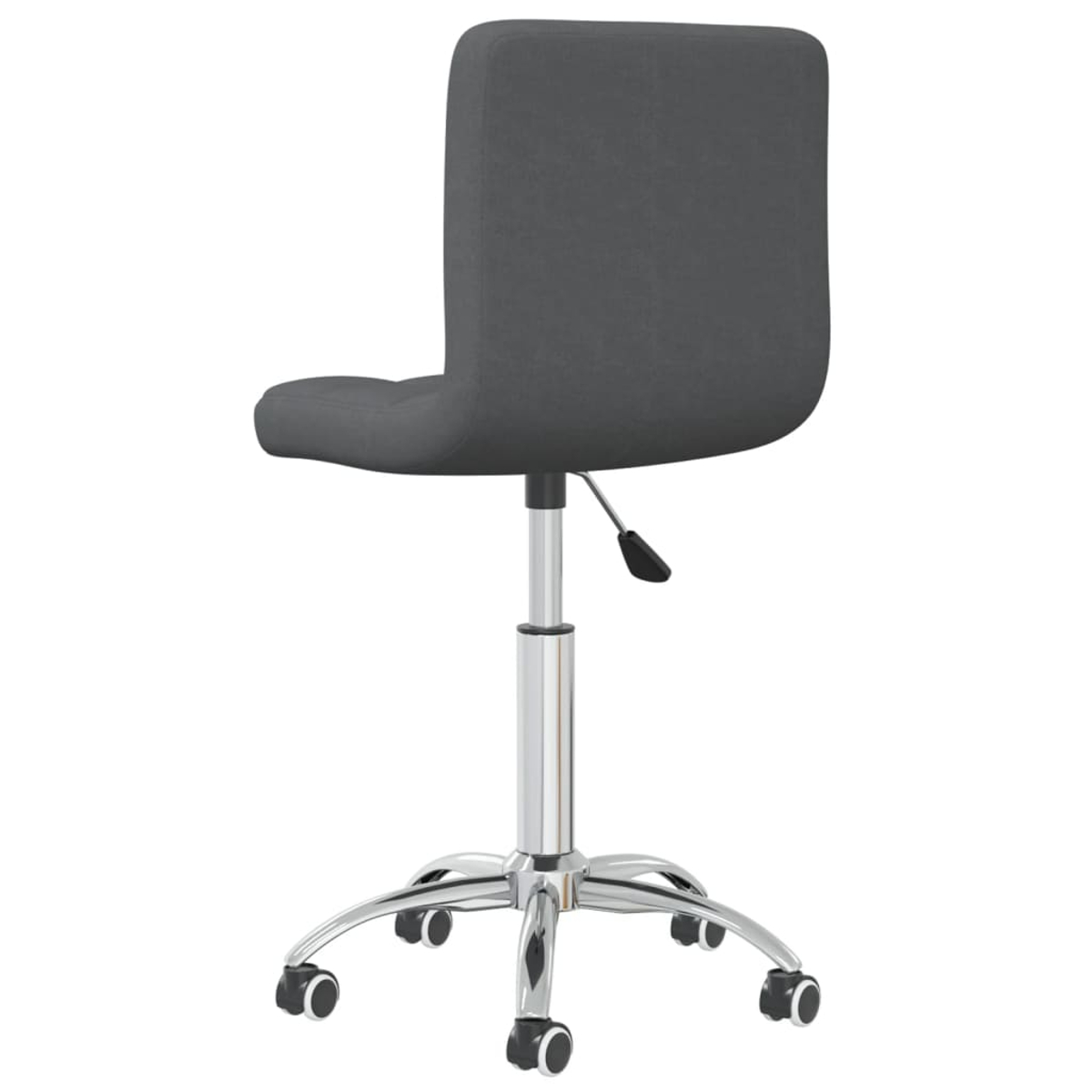 Ein grauer Bürostuhl mit Chromfuß und Rollen. Die Stuhllehne und der Sitz sind grau. Der Stuhl steht vor weißem Hintergrund.