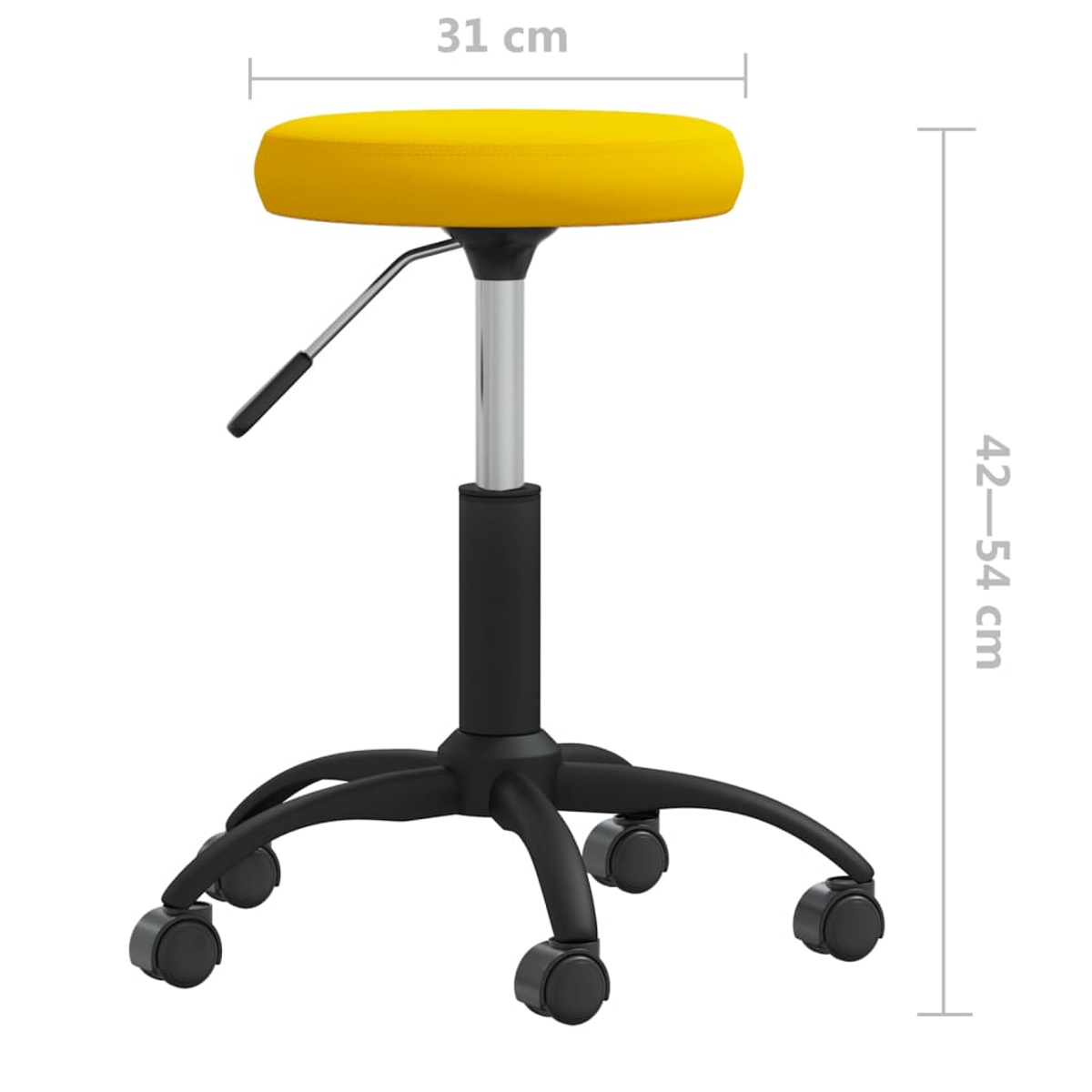 Ein gelber Hocker mit schwarzem Fuß und Rädern. Er hat einen verchromten Mechanismus zur Höhenverstellung. Maße sind angegeben.