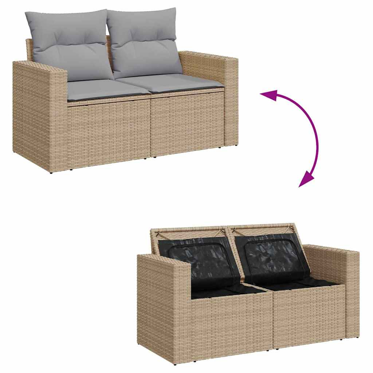 Zweisitzer-Sofa aus beigem Korbgeflecht mit grauen Kissen. Oben ist das geschlossene Sofa zu sehen, unten das Sofa mit offenem Stauraum.