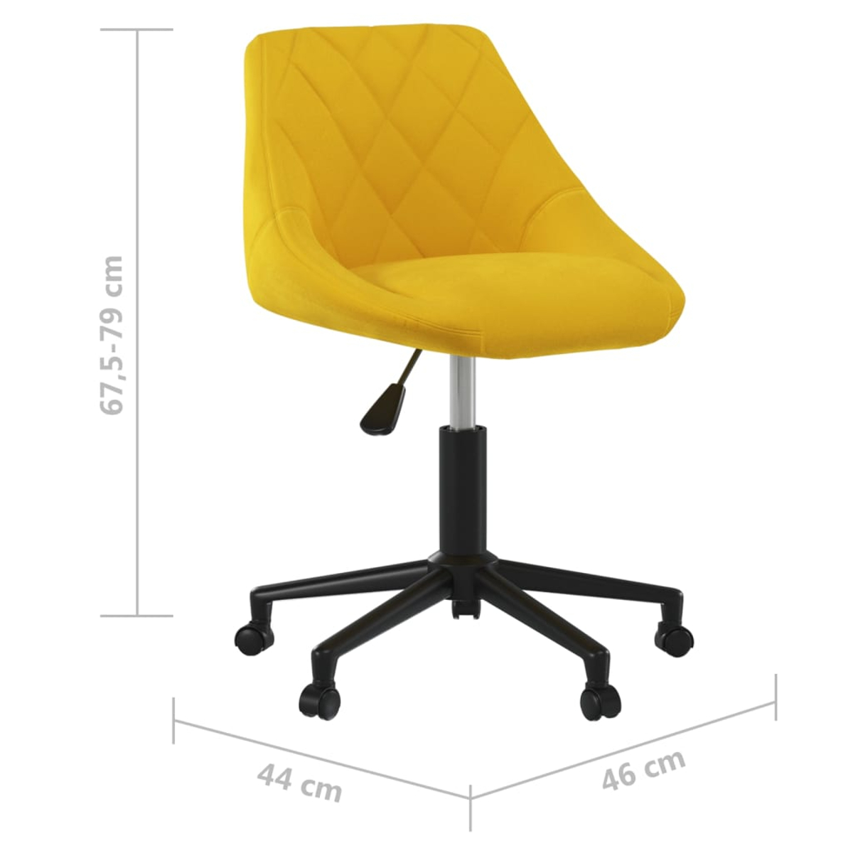 Ein gelber Bürostuhl mit schwarzem Gestell und Rollen. Er hat eine rautenförmig gesteppte Rückenlehne und Sitzfläche sowie einen Hebel zur Höhenverstellung.