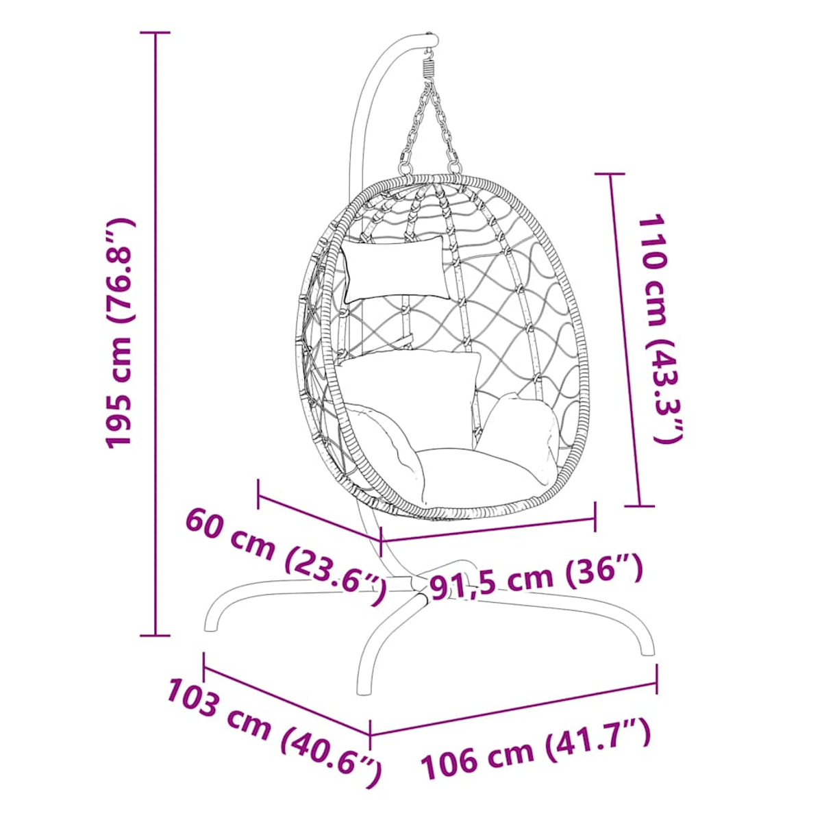 Eine schematische Darstellung eines hängenden Eier-Stuhls mit Maßen in cm und Zoll. Der Stuhl hängt an einem gebogenen Ständer.