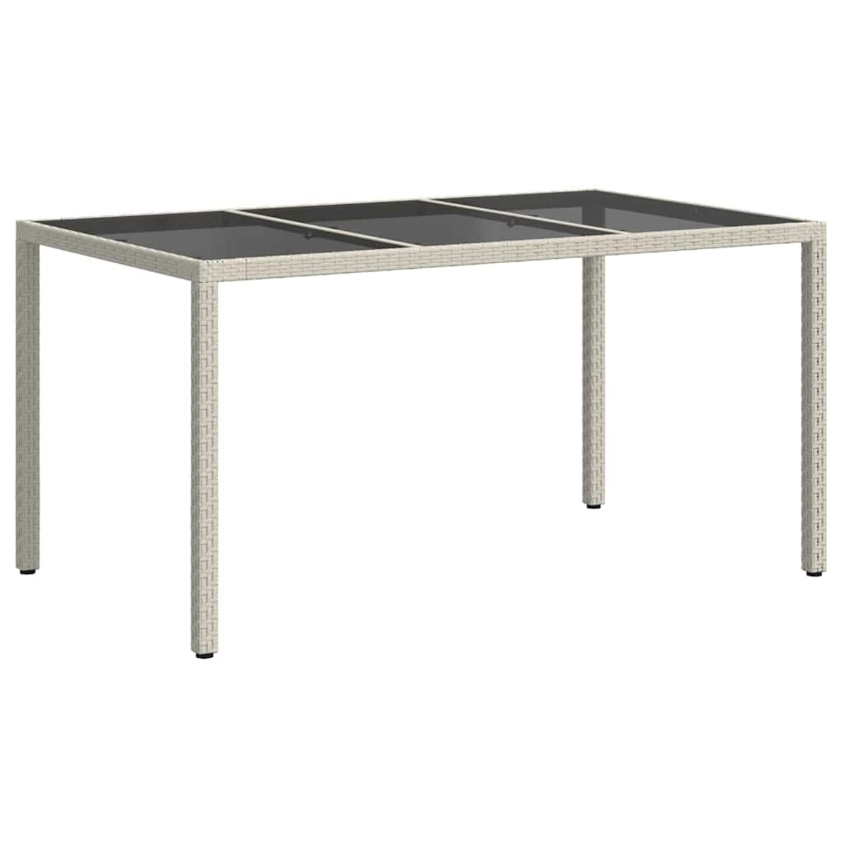 Ein rechteckiger Gartentisch mit Glasplatte und gewebten Beinen. Der Tisch hat ein hellbeige Rahmen und eine dunkelgraue Glasplatte.