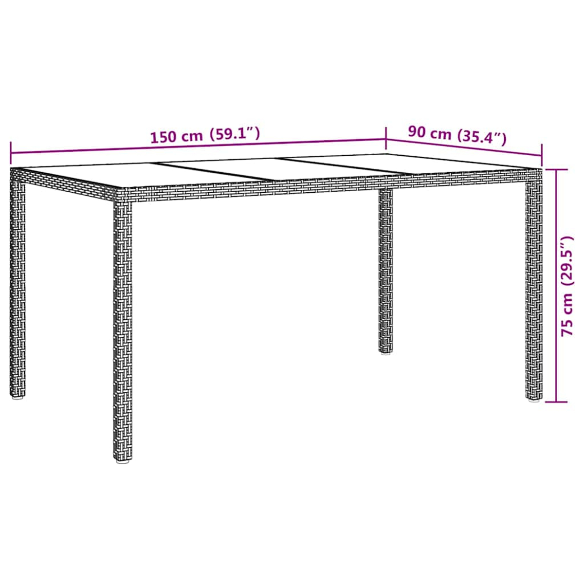 Ein rechteckiger Tisch mit geflochtenen Beinen und Platte. Abmessungen: 150 cm x 90 cm x 75 cm. Ein Diagramm zeigt die Maße.