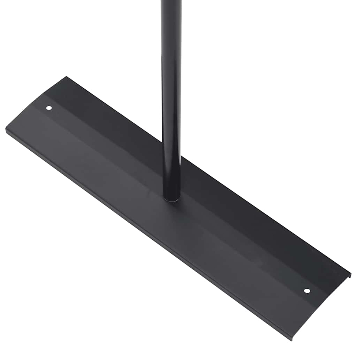 Ein schwarzer Metallsockel mit einem zentrierten, vertikalen schwarzen Pfosten. Die Basis ist rechteckig mit abgerundeten Ecken und zwei Löchern.