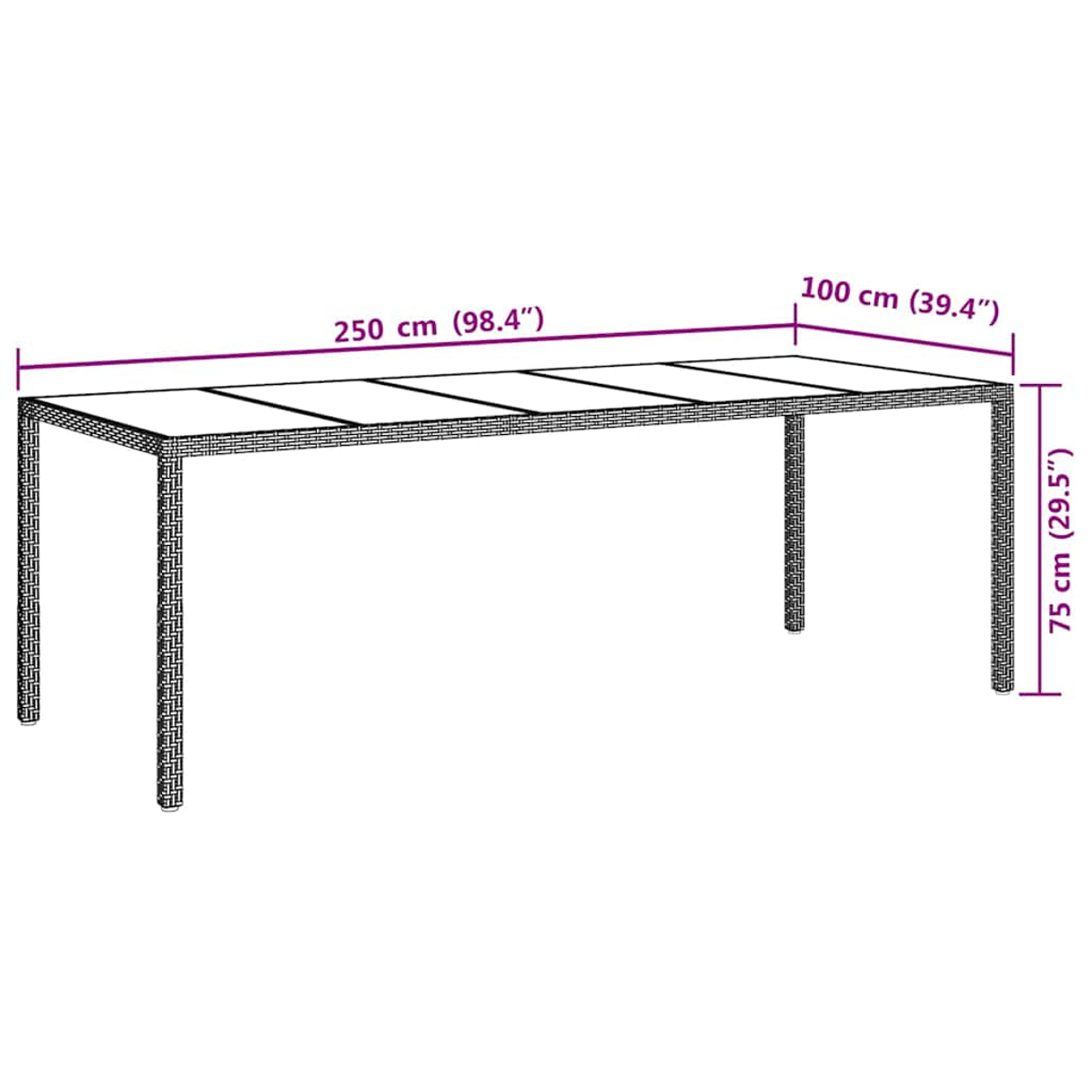 Ein rechteckiger Tisch mit Abmessungen in cm und Zoll. Der Tisch besteht aus einem gewebten Material. Maße: 250x100x75 cm.