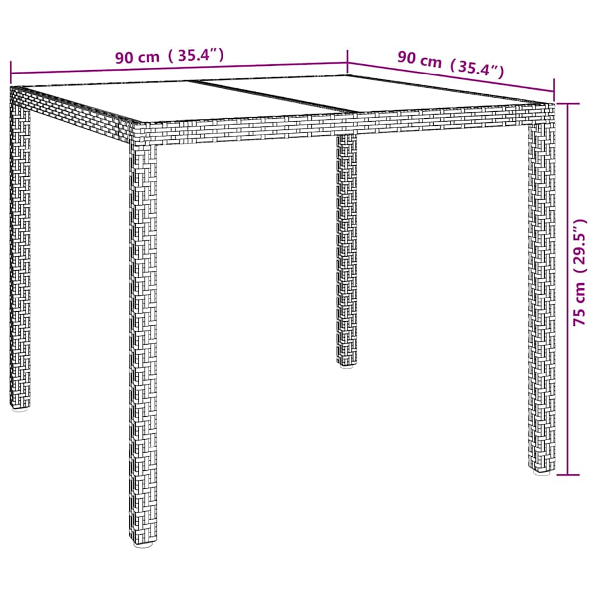 Ein quadratischer Tisch aus gewebtem Material mit vier Beinen. Die Abmessungen sind angegeben: 90 cm (35,4") x 90 cm (35,4") x 75 cm (29,5").