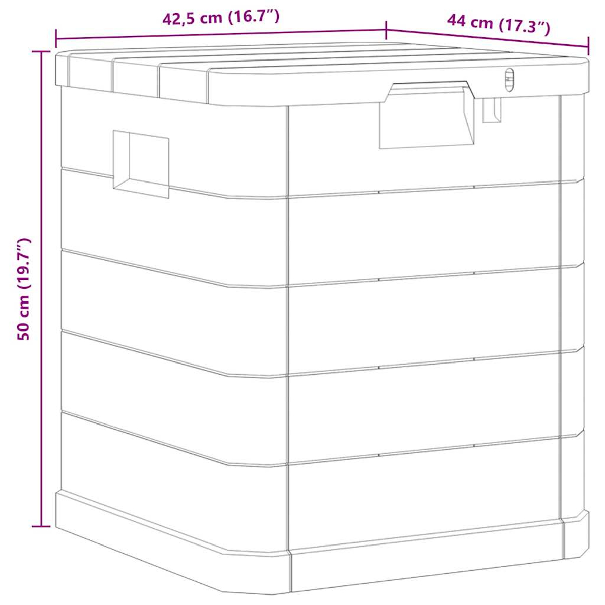 Eine weiße Aufbewahrungsbox mit beschrifteten Abmessungen. Sie hat einen Deckel, einen Griff und horizontale Linien.