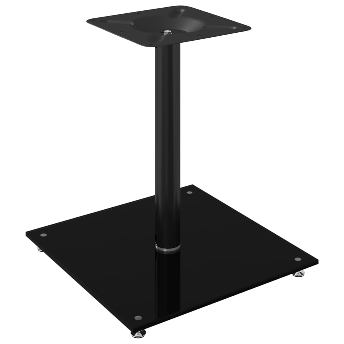 Ein schwarzes Tischgestell mit quadratischer Oberseite, einem zentralen Pfosten und einer quadratischen Basis. Die Basis hat vier kleine Füße.