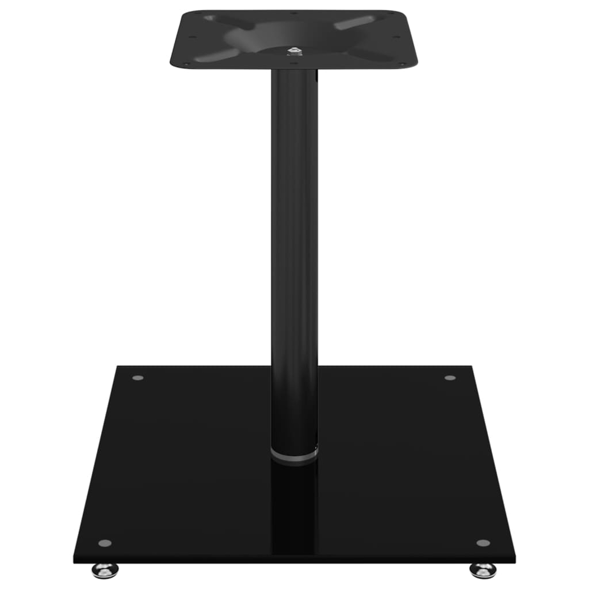 Ein schwarzes Tischgestell. Es hat eine quadratische Basis, eine zentrale Stange und eine obere Platte. Vier kleine Füße sind unten.