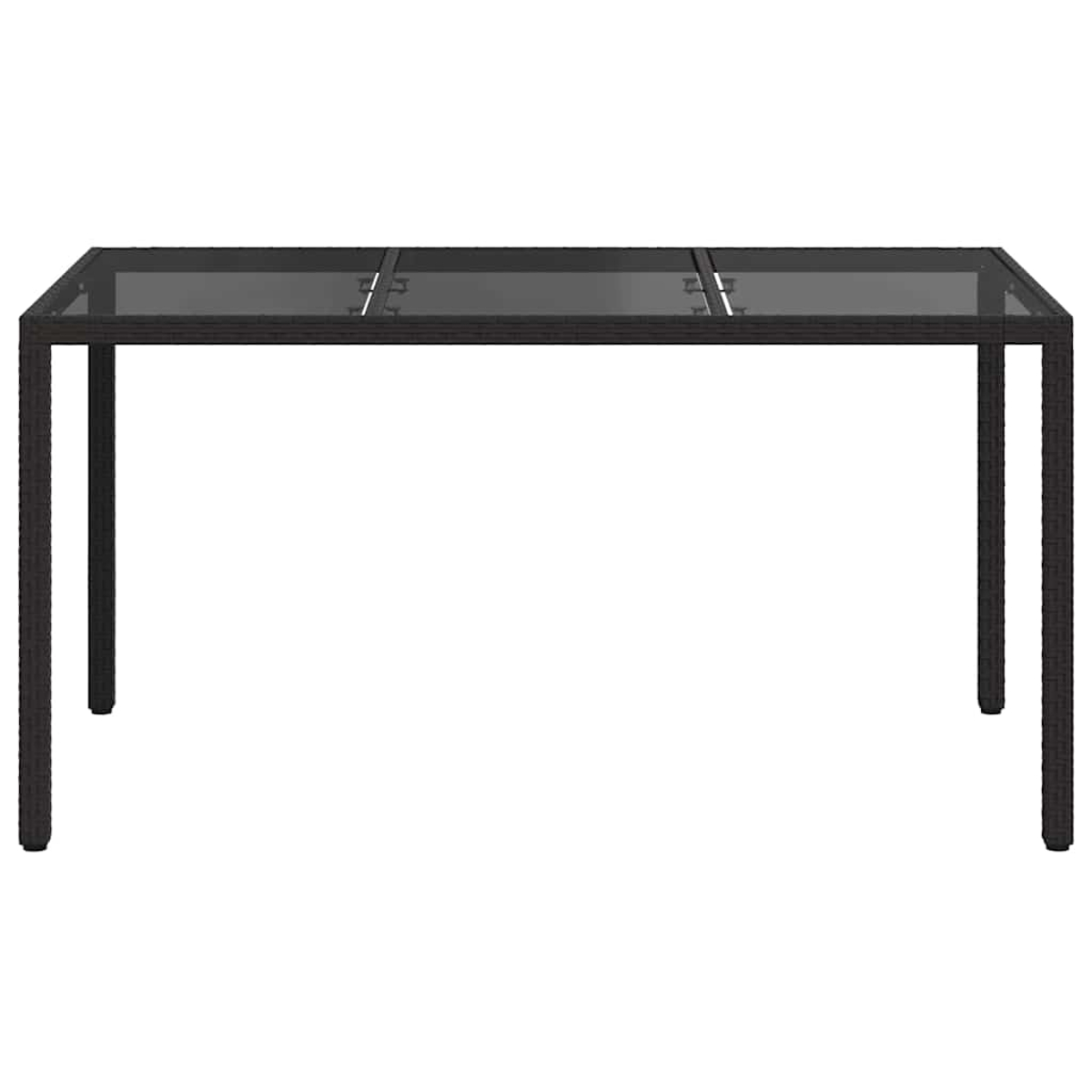 Ein rechteckiger Gartentisch mit dunkler Glasplatte und dunklen gewebten Beinen. Der Tisch ist leer und steht auf weißem Hintergrund.
