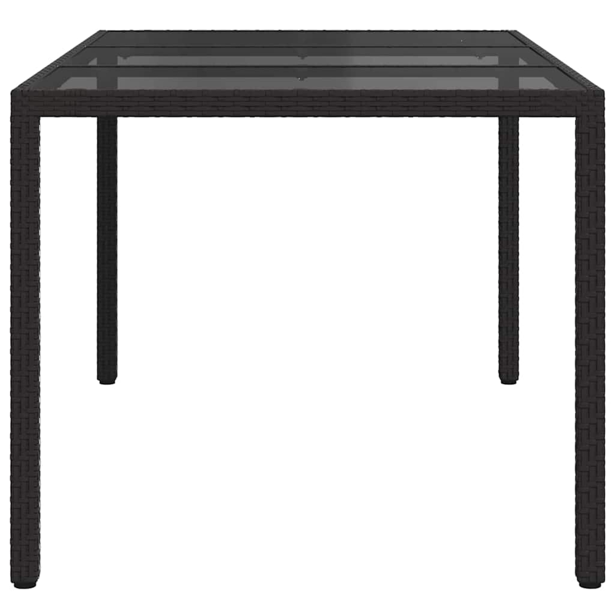 Ein quadratischer, dunkler Korbtisch mit Glasplatte. Vier Beine tragen den Tisch. Der Hintergrund ist weiß.