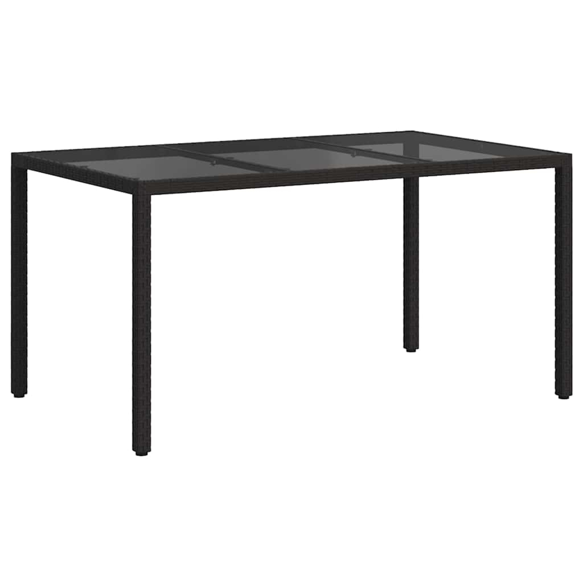 Ein rechteckiger Gartentisch mit dunklem Gestell und Glasplatte. Der Tisch ist leer und steht auf weißem Hintergrund.